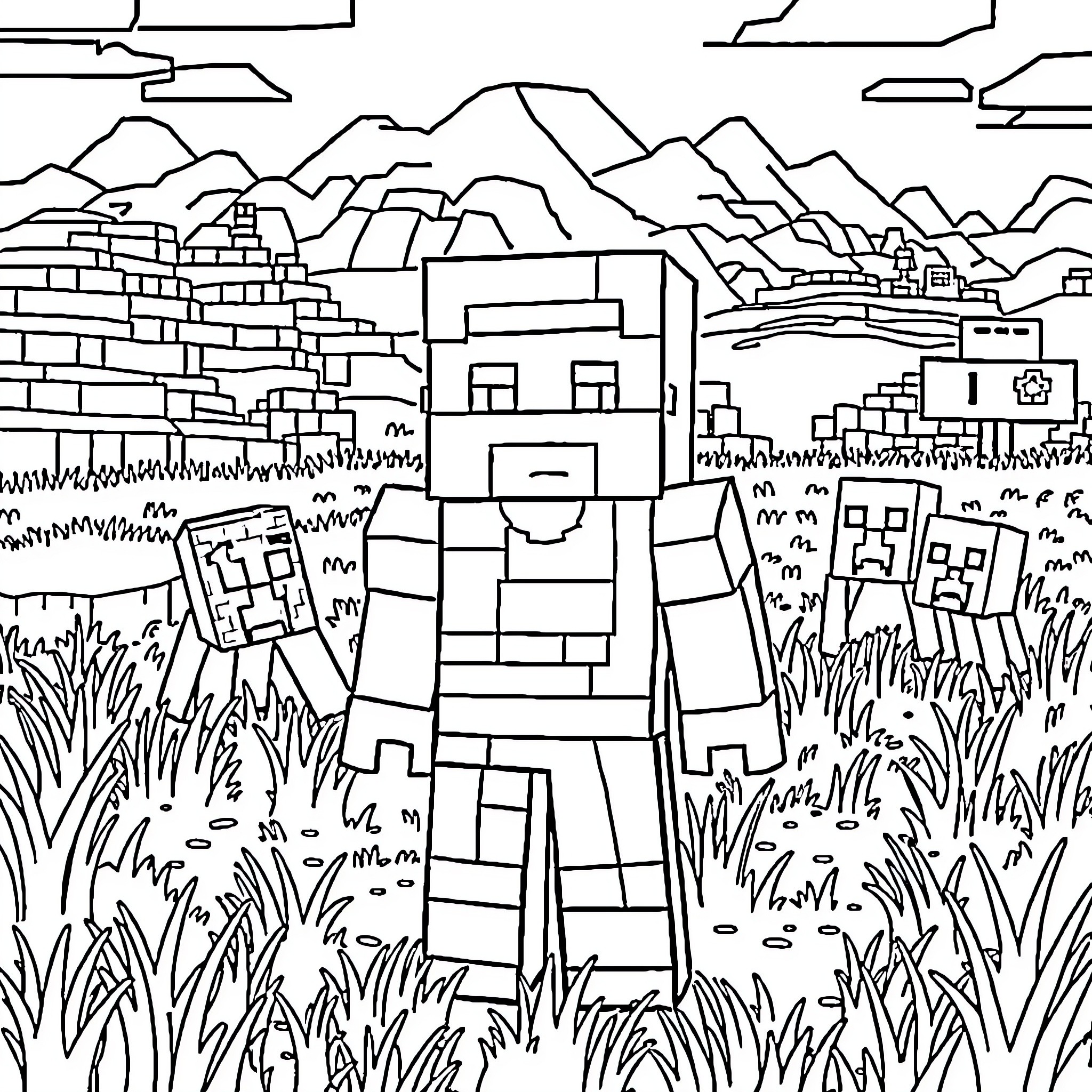 Steve's Adventure in the Blocky Wilderness Coloring Page (free black-and-white line drawing printable PDF for all, from beginners to advanced learners, including children, teens, adults, and seniors)