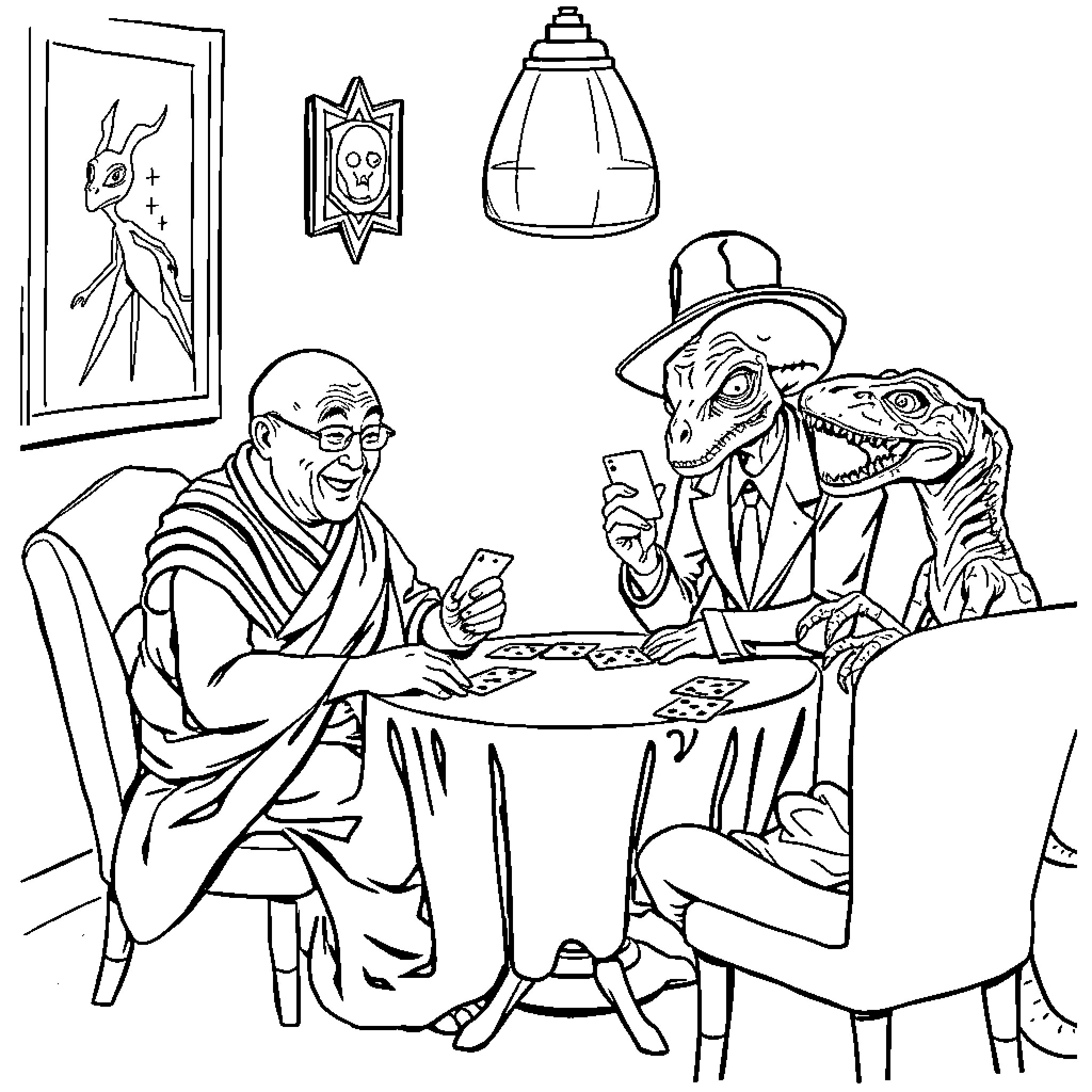 Dalai Lama engages in friendly discussion with unusual companion Coloring Page (free black-and-white line drawing printable PDF for all, from beginners to advanced learners, including children, teens, adults, and seniors)