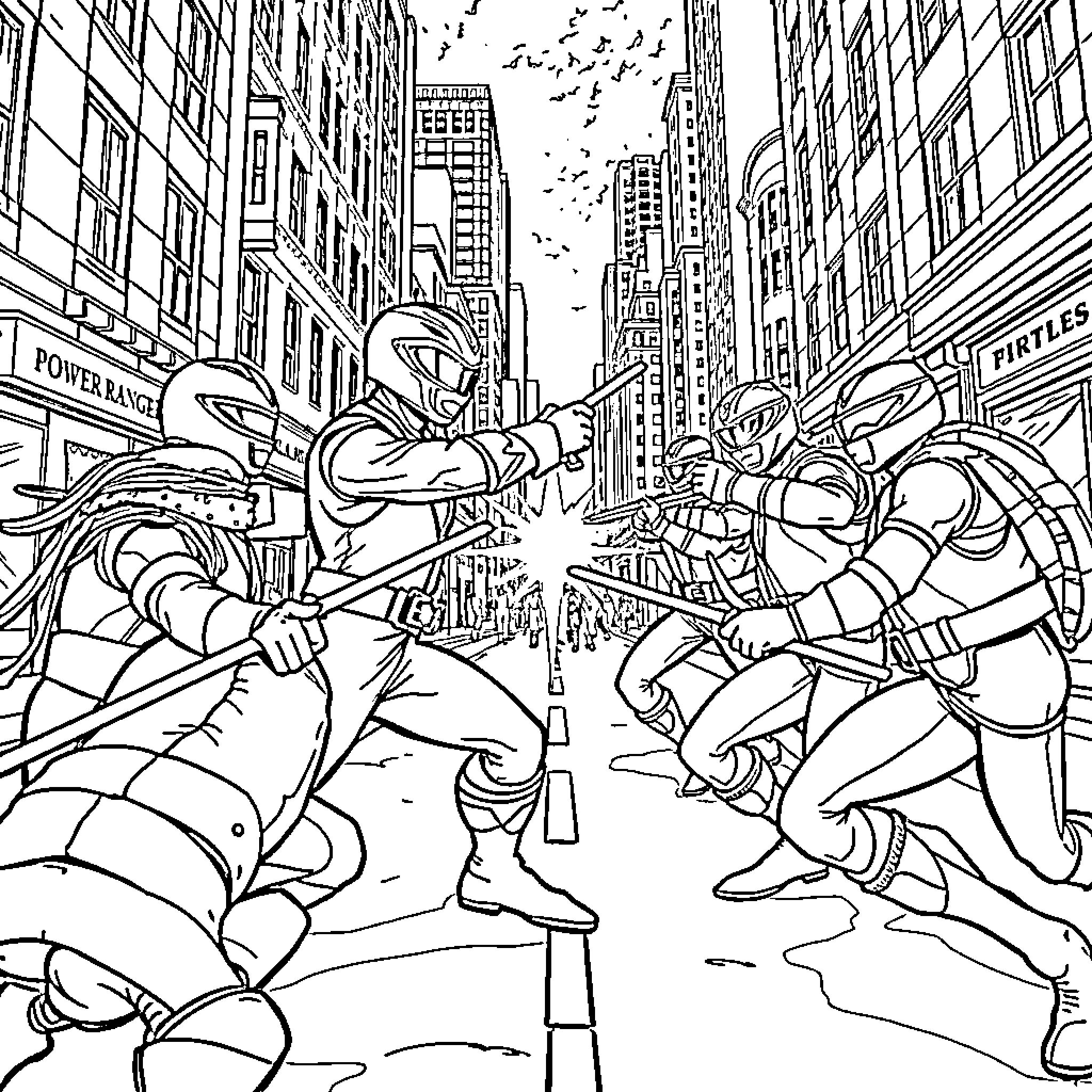 Ranger battles against villains in a city street Coloring Page (free black-and-white line drawing printable PDF for all, from beginners to advanced learners, including children, teens, adults, and seniors)