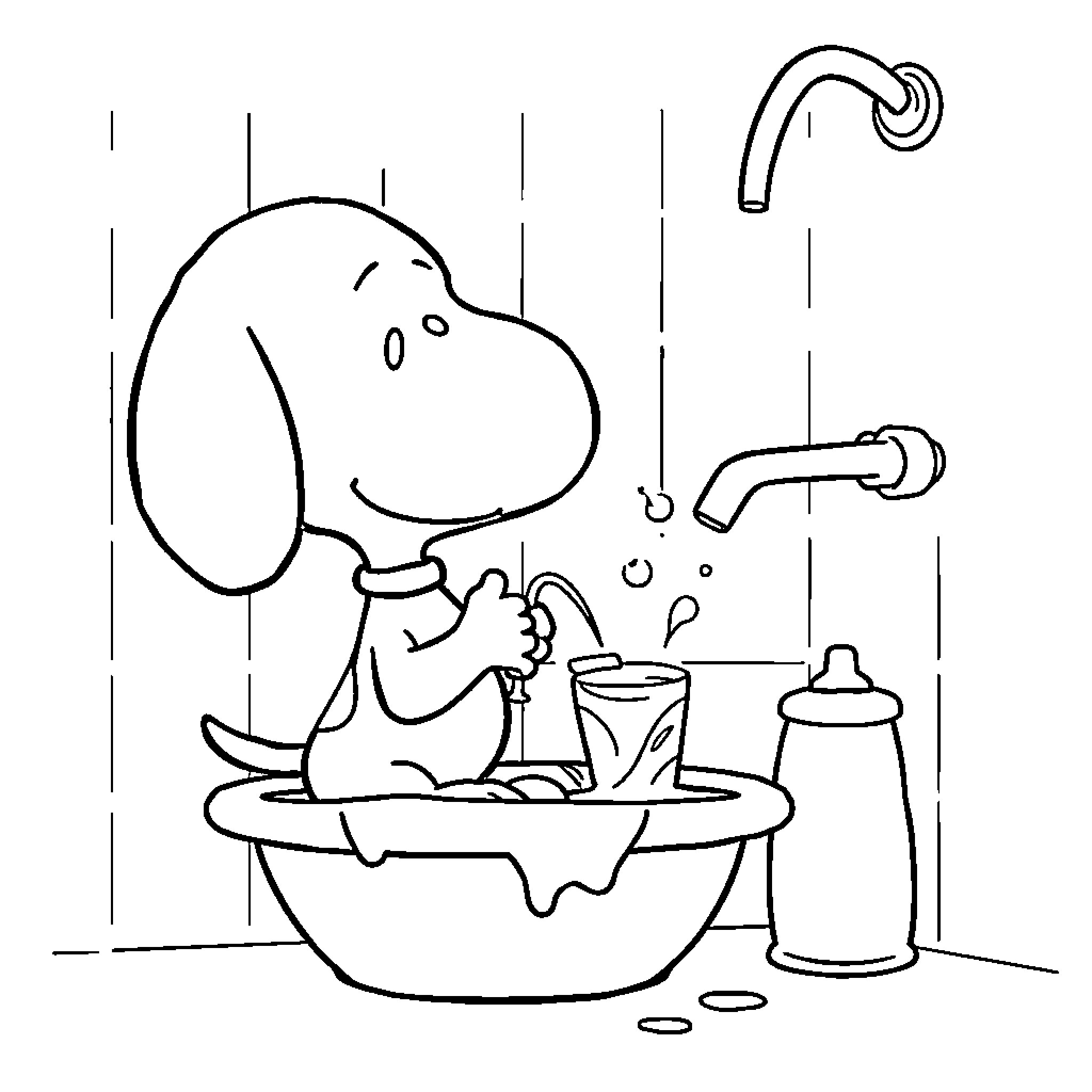 Snoopy taking a bath in the tub Coloring Page (free black-and-white line drawing printable PDF for all, from beginners to advanced learners, including children, teens, adults, and seniors)