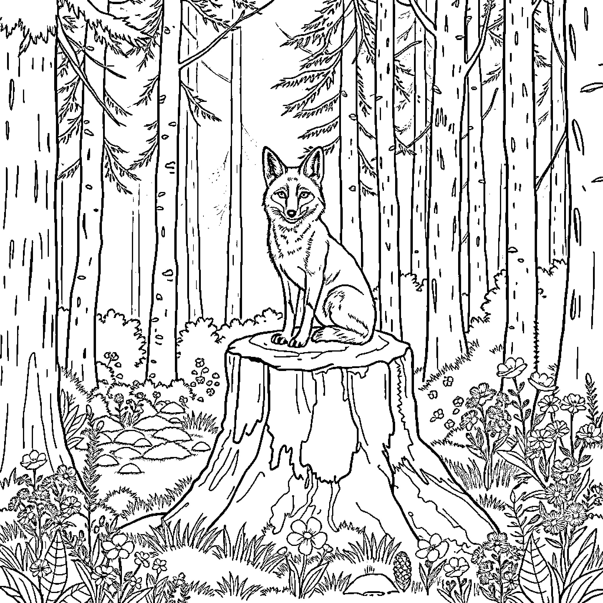 Fox observing the forest scene from a tree stump Coloring Page (free black-and-white line drawing printable PDF for all, from beginners to advanced learners, including children, teens, adults, and seniors)