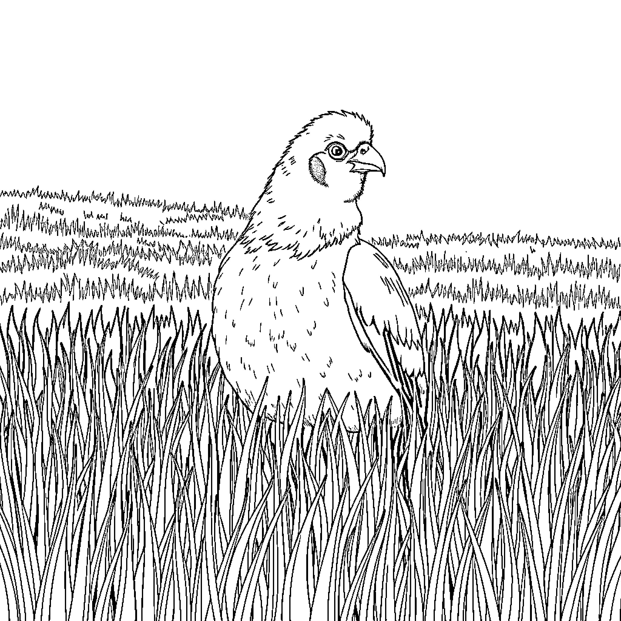 Pumpkin Chick Exploring the Grassy Field Coloring Page (free black-and-white line drawing printable PDF for all, from beginners to advanced learners, including children, teens, adults, and seniors)