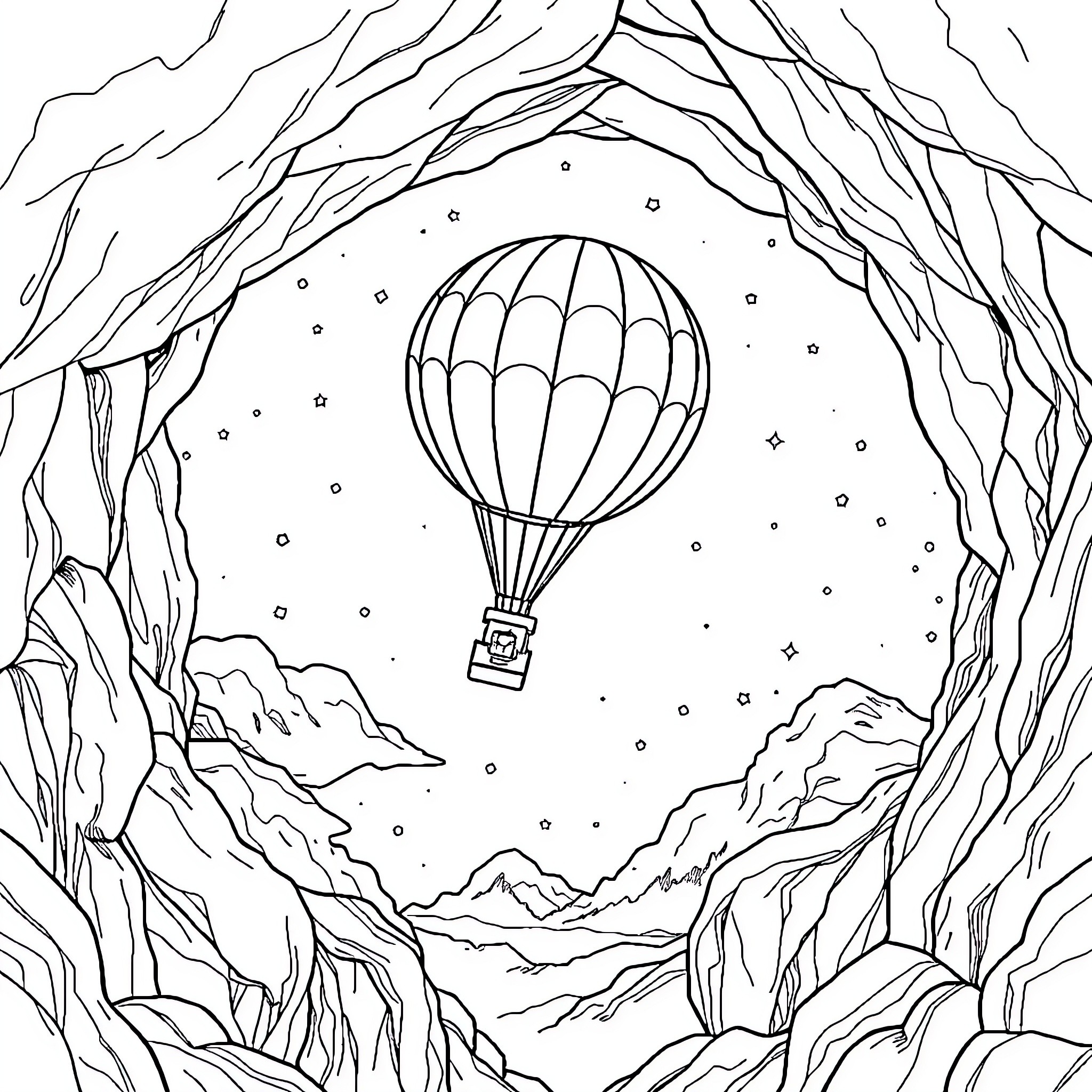 Montgolfière floating amidst the starry night sky Coloring Page (free black-and-white line drawing printable PDF for all, from beginners to advanced learners, including children, teens, adults, and seniors)