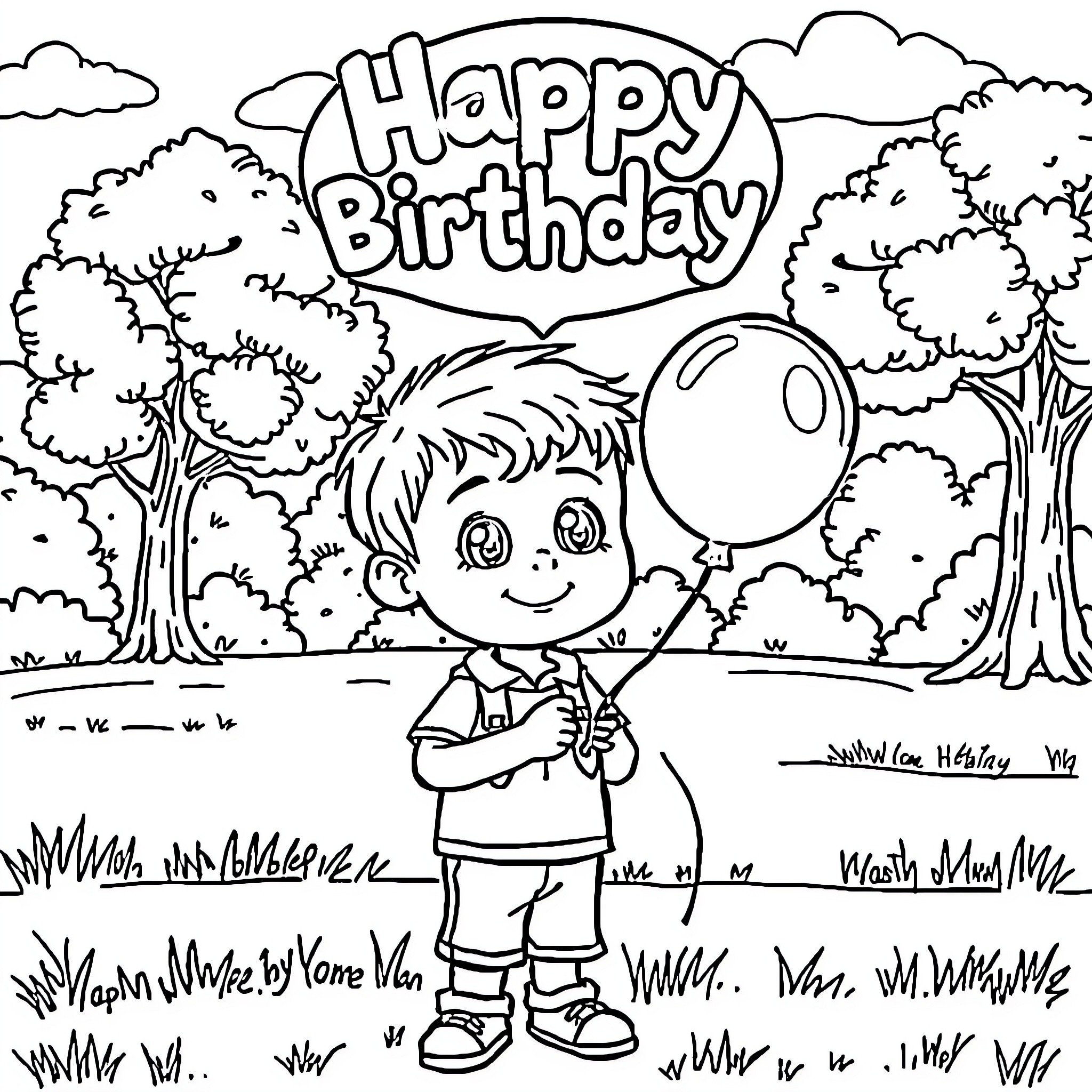 Boy celebrating his birthday in the park Coloring Page (free black-and-white line drawing printable PDF for all, from beginners to advanced learners, including children, teens, adults, and seniors)