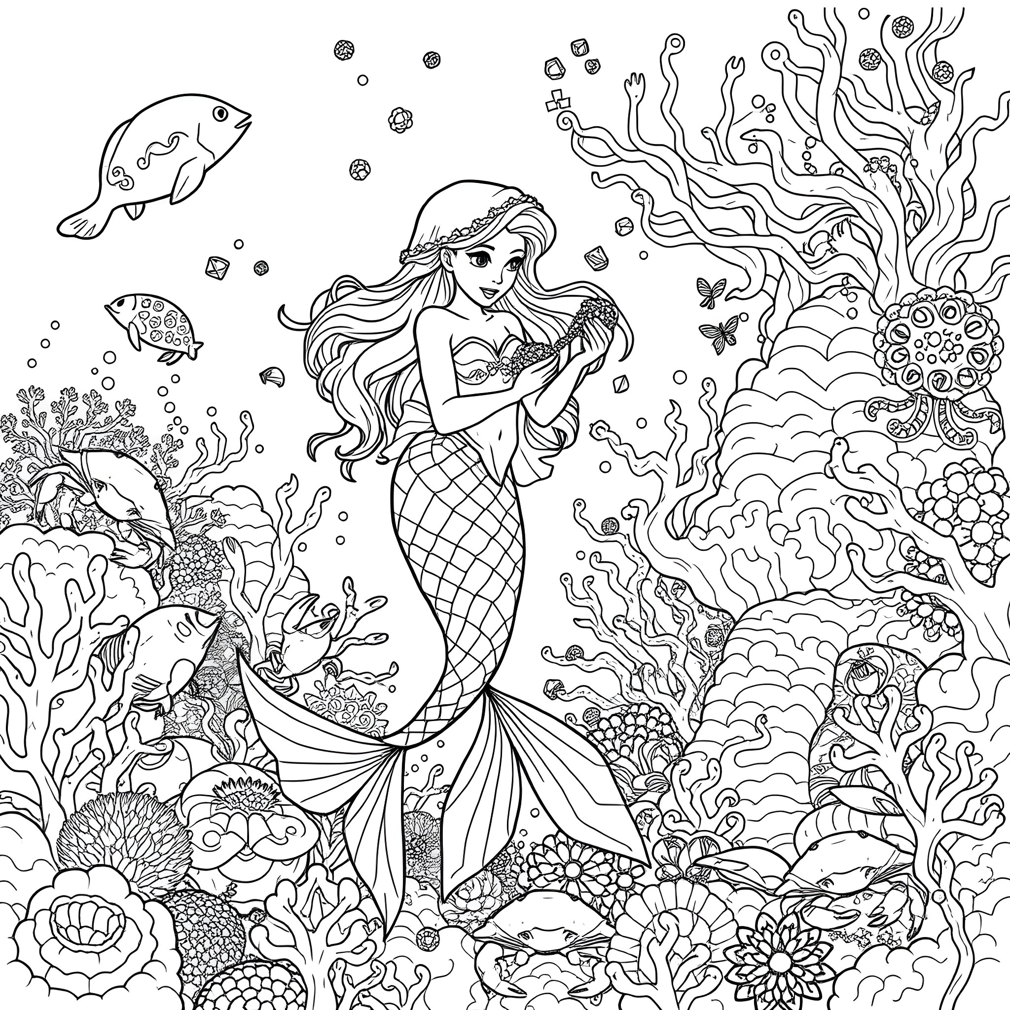 Mermaid swimming amidst vibrant marine life Coloring Page (free black-and-white line drawing printable PDF for all, from beginners to advanced learners, including children, teens, adults, and seniors)