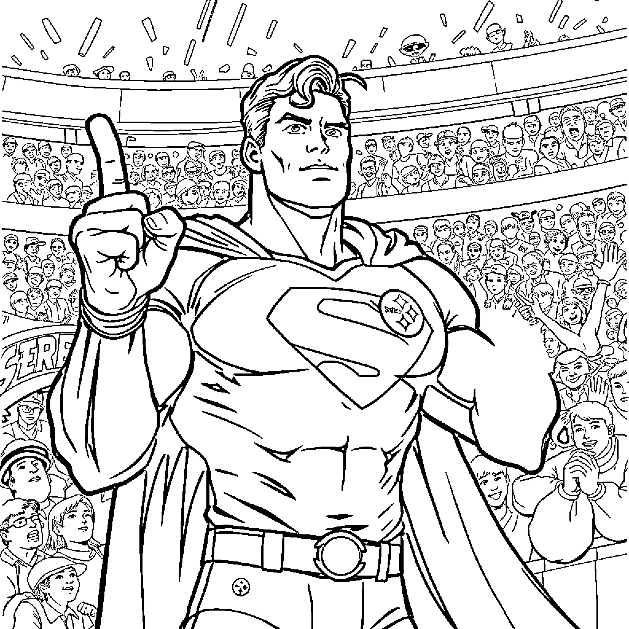 Superman triumphantly stands before a cheering crowd Coloring Page (free black-and-white line drawing printable PDF for all, from beginners to advanced learners, including children, teens, adults, and seniors)