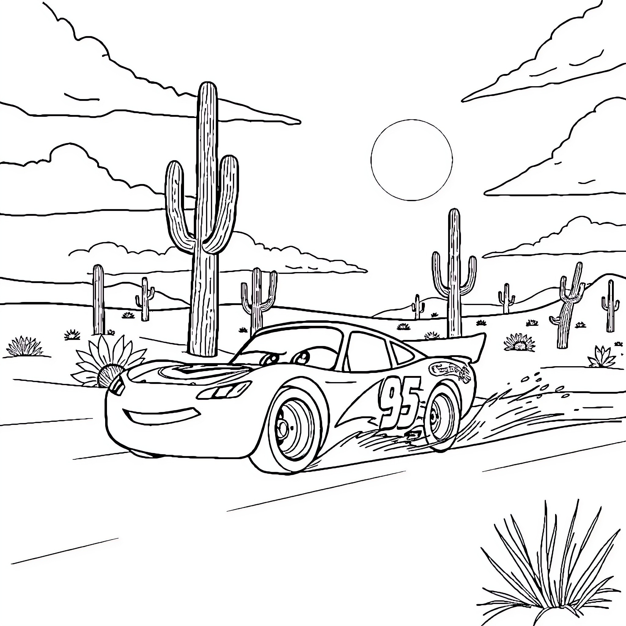 Lightning McQueen racing through the desert landscape Coloring Page (free black-and-white line drawing printable PDF for all, from beginners to advanced learners, including children, teens, adults, and seniors)