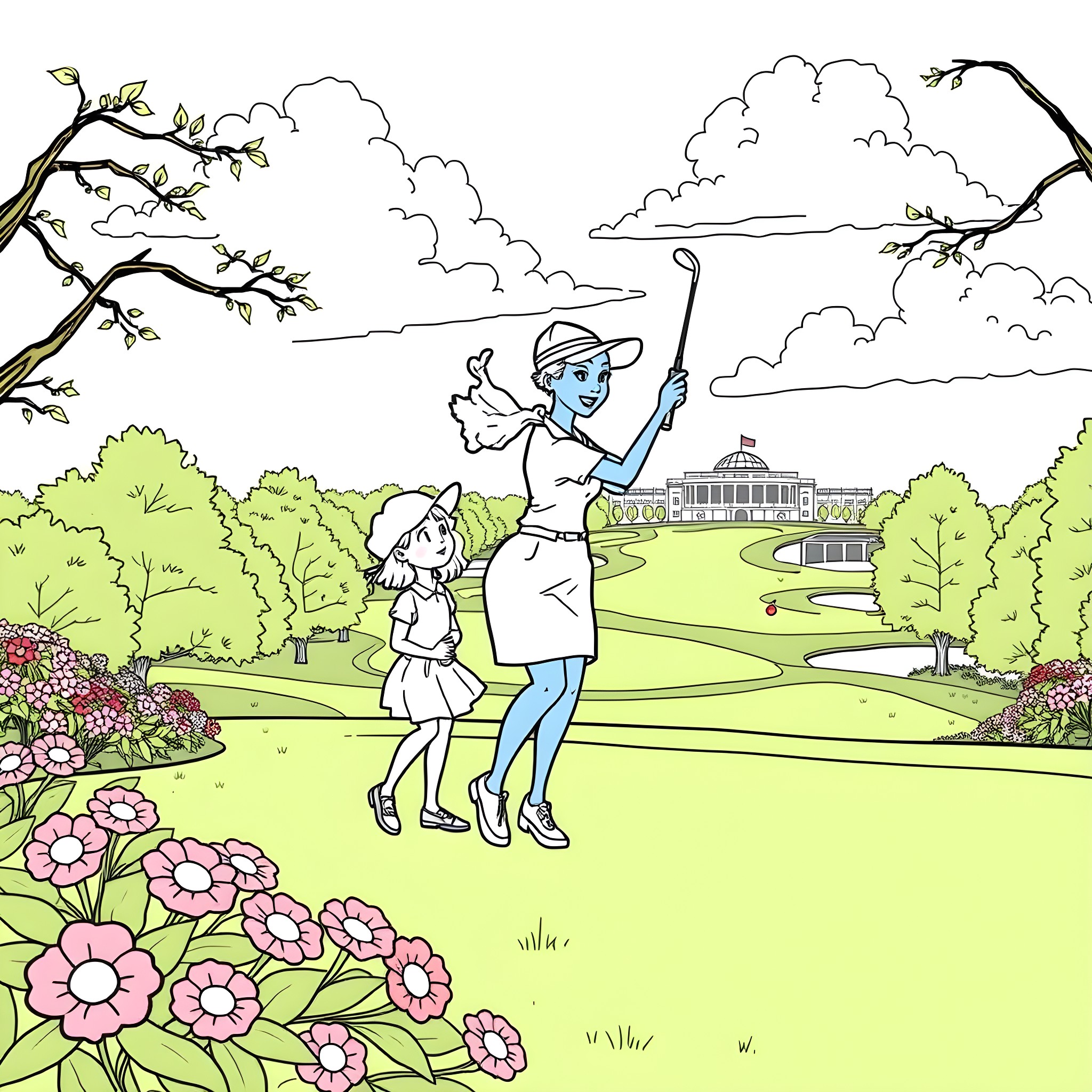 Bluey and her friend enjoying the park Coloring Page (free black-and-white line drawing printable PDF for all, from beginners to advanced learners, including children, teens, adults, and seniors)