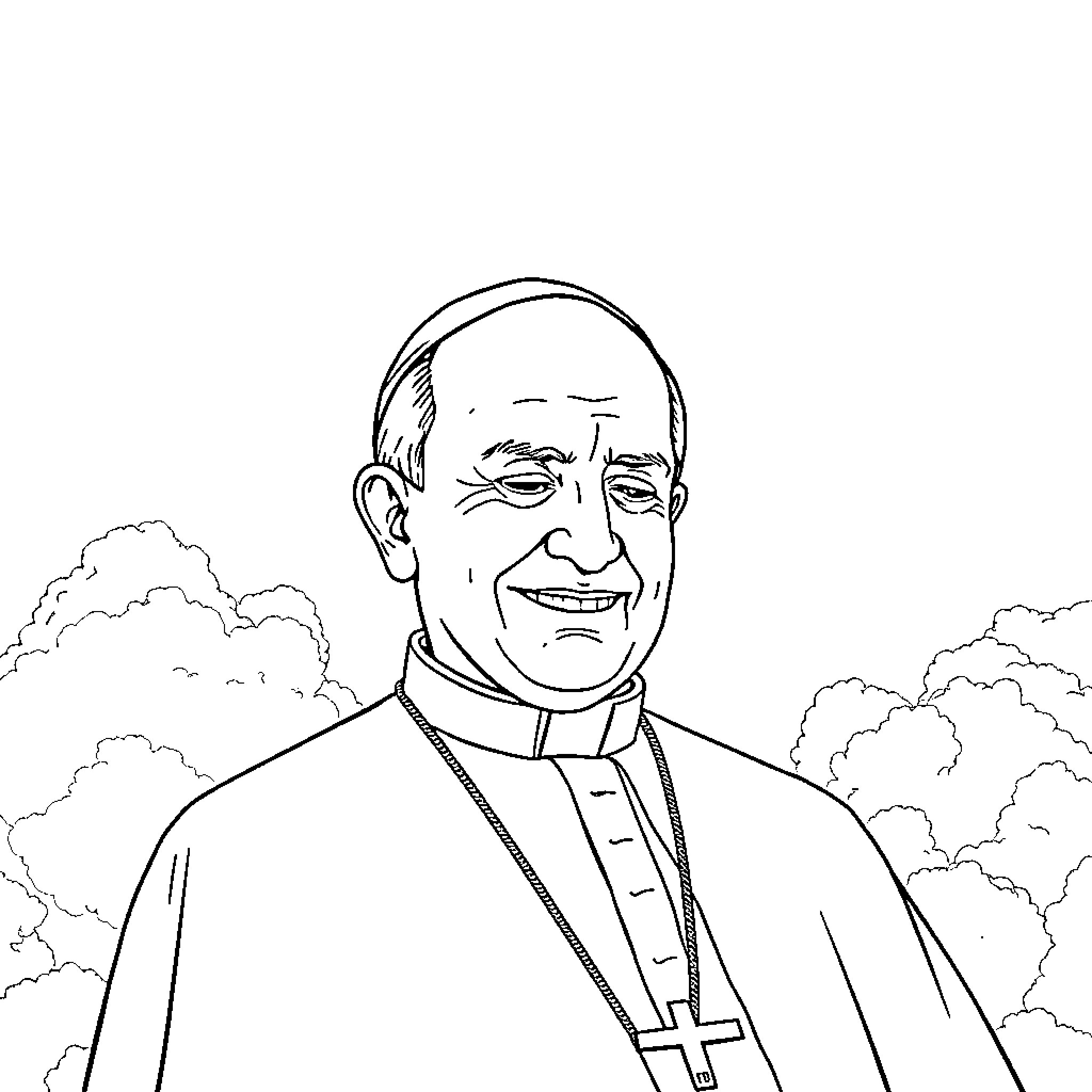 Pope John Paul II smiling in religious robes Coloring Page (free black-and-white line drawing printable PDF for all, from beginners to advanced learners, including children, teens, adults, and seniors)