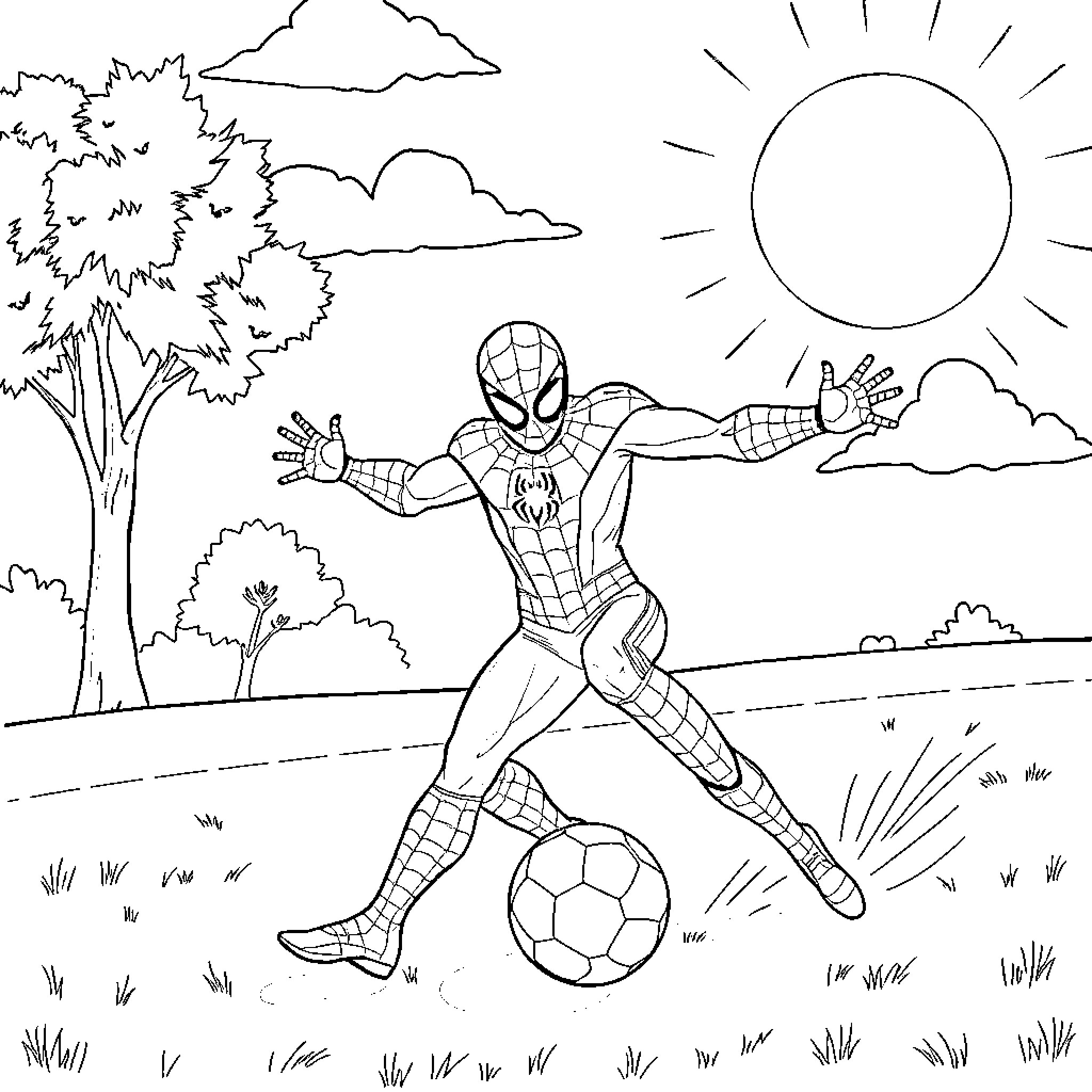 Spiderman playing soccer in a sunny park Coloring Page (free black-and-white line drawing printable PDF for all, from beginners to advanced learners, including children, teens, adults, and seniors)
