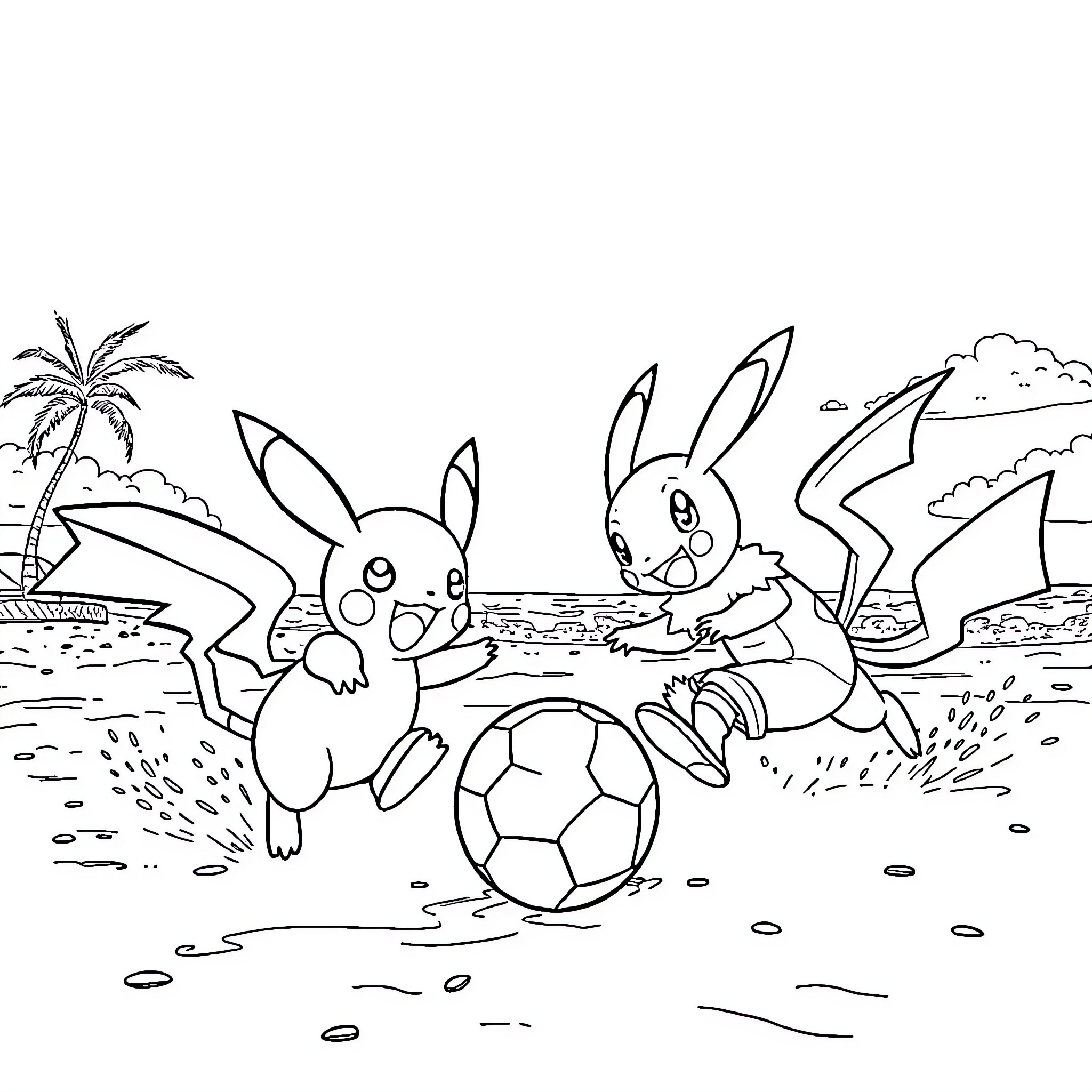 Pokémon Bunnies Playing with a Soccer Ball Coloring Page (free black-and-white line drawing printable PDF for all, from beginners to advanced learners, including children, teens, adults, and seniors)