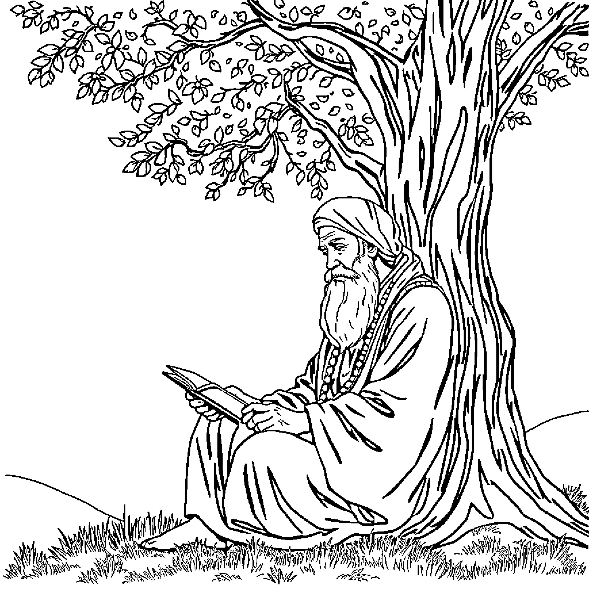 Rumi meditating under the serene tree Coloring Page (free black-and-white line drawing printable PDF for all, from beginners to advanced learners, including children, teens, adults, and seniors)