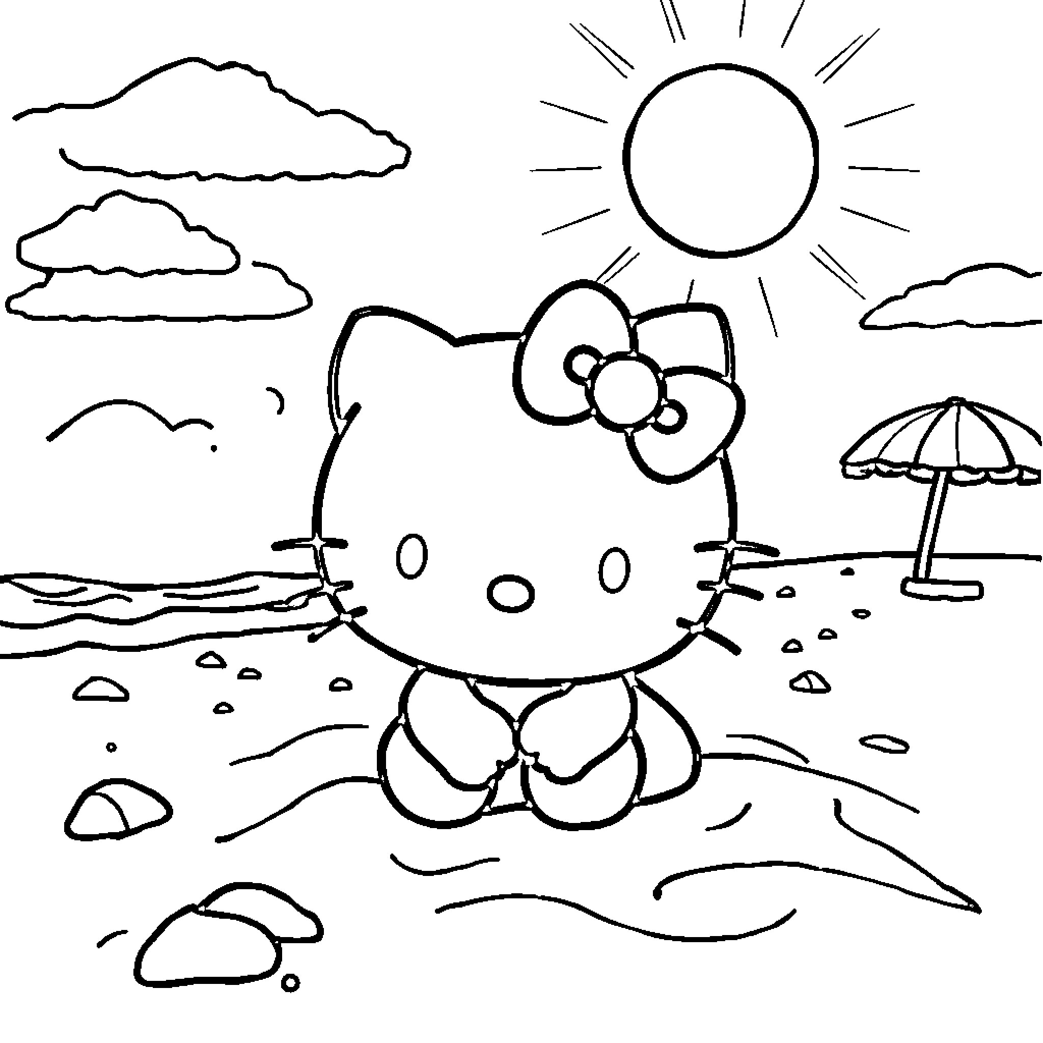 Hello Kitty enjoying a sunny day at the beach Coloring Page (free black-and-white line drawing printable PDF for all, from beginners to advanced learners, including children, teens, adults, and seniors)
