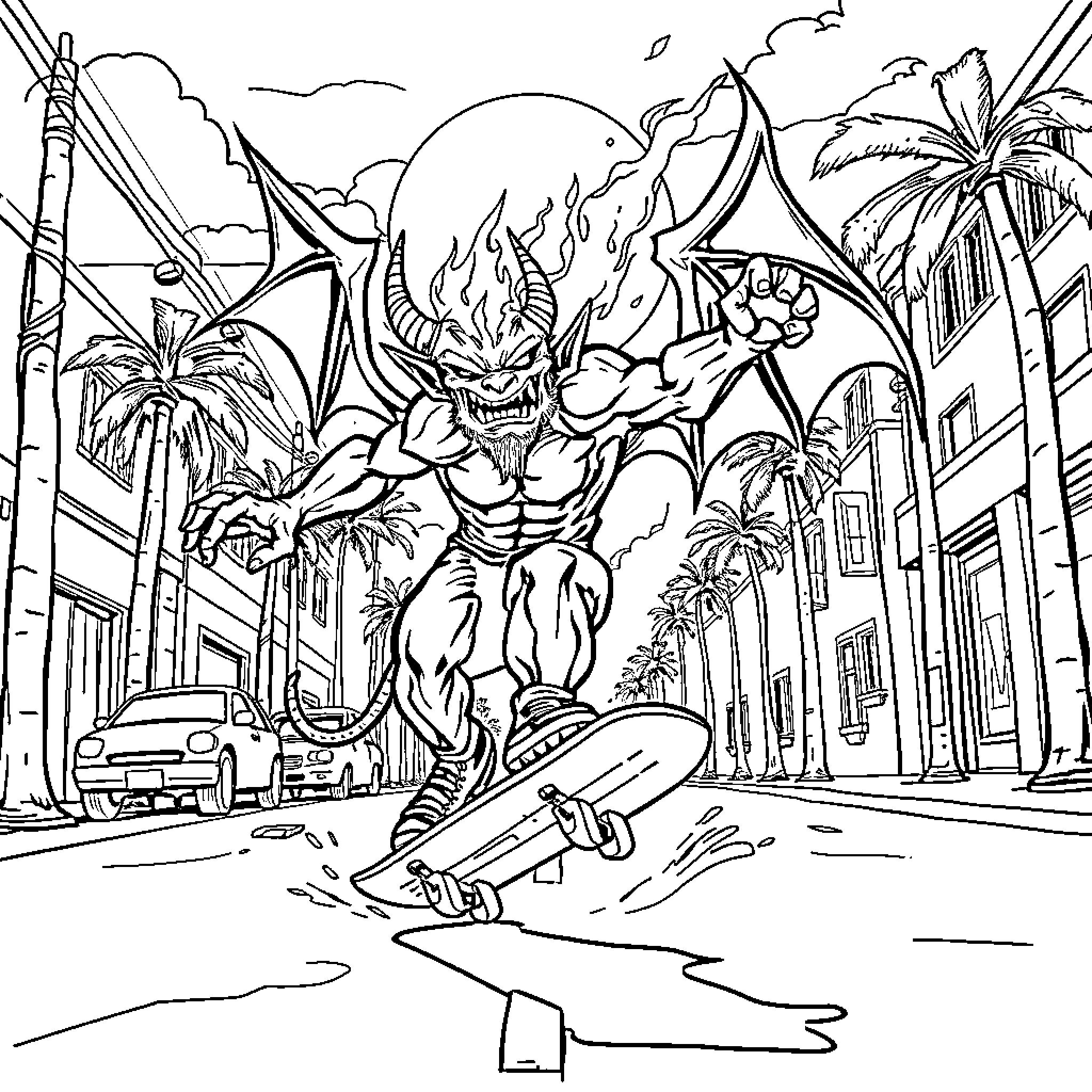 Devil Terrorizes City with Monstrous Appearance Coloring Page (free black-and-white line drawing printable PDF for all, from beginners to advanced learners, including children, teens, adults, and seniors)