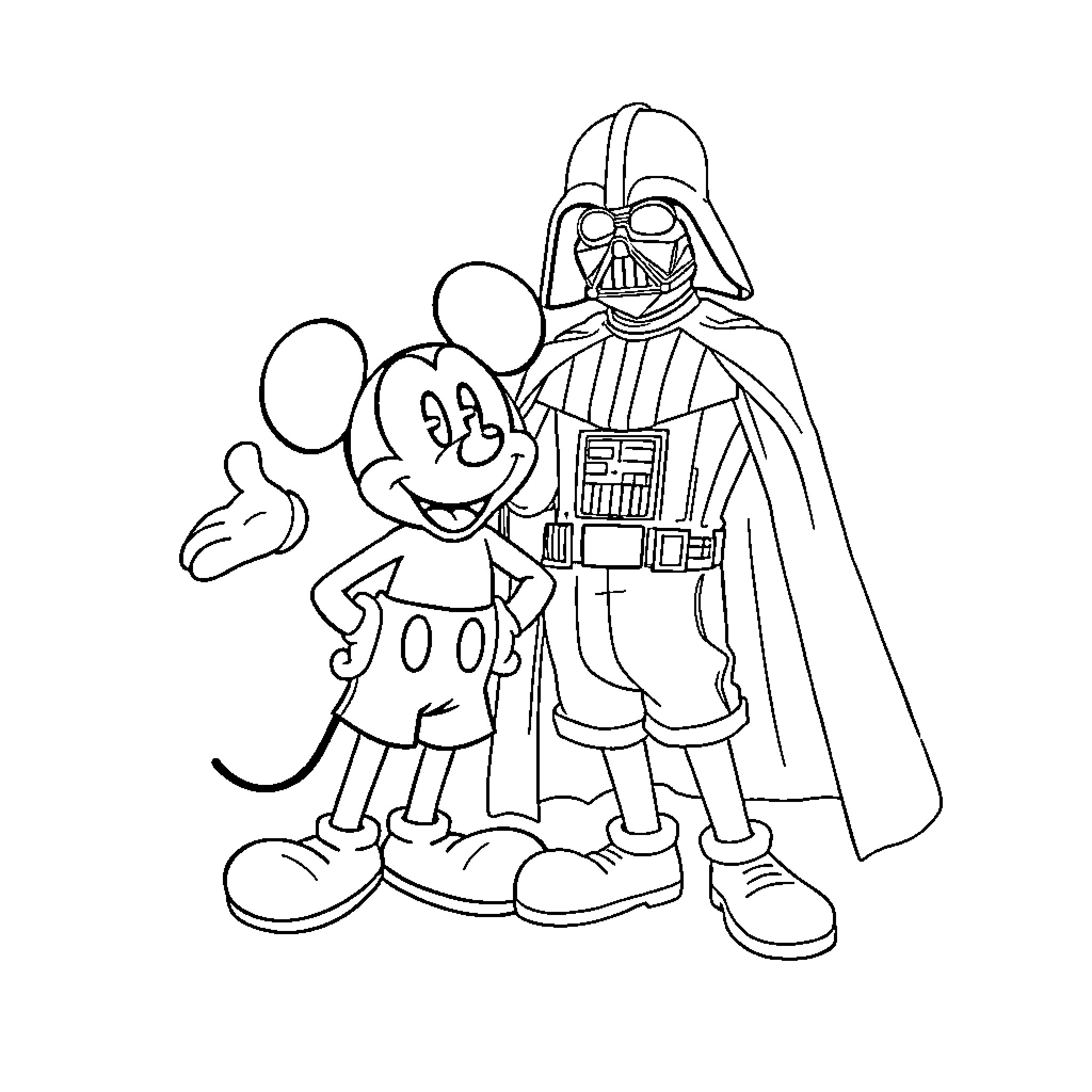 Darth Vader and Mickey Mouse in Friendly Interaction Coloring Page (free black-and-white line drawing printable PDF for all, from beginners to advanced learners, including children, teens, adults, and seniors)