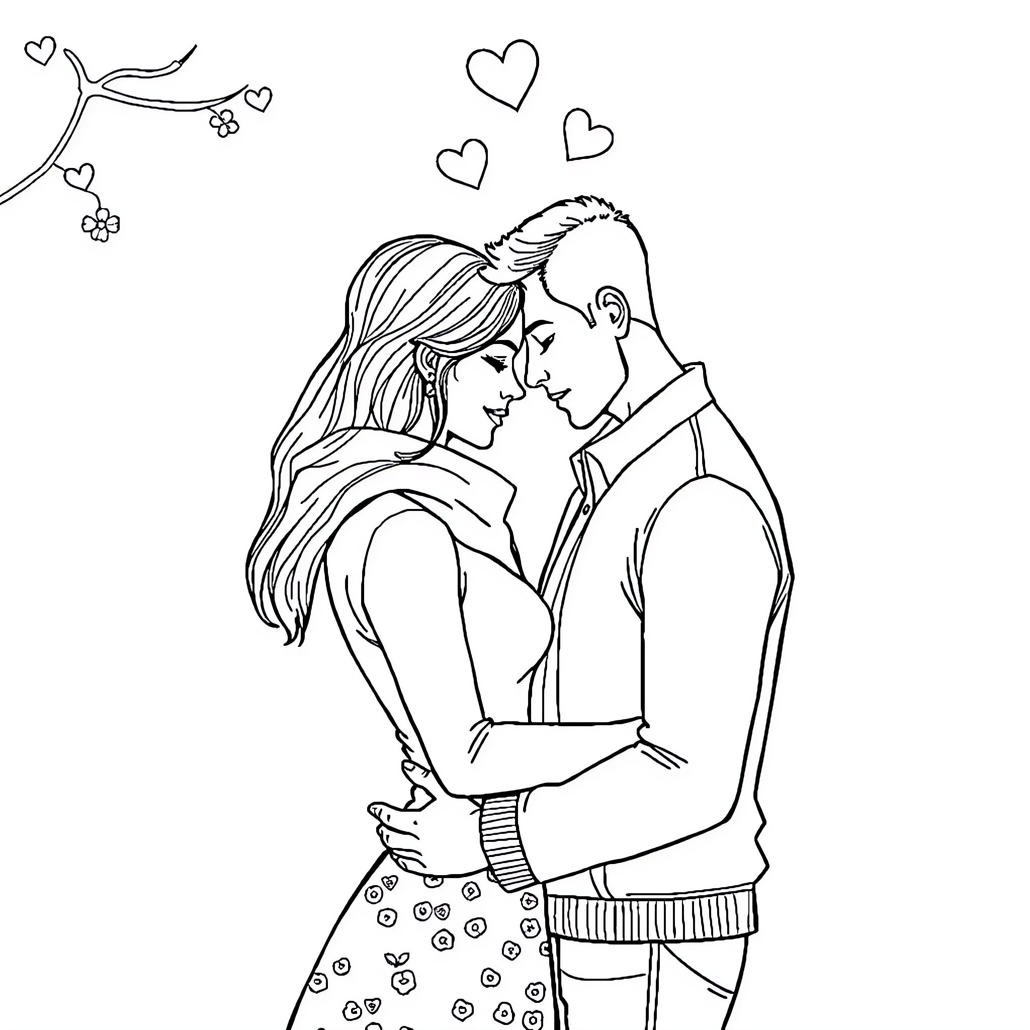 Couple embracing lovingly under hearts Coloring Page (free black-and-white line drawing printable PDF for all, from beginners to advanced learners, including children, teens, adults, and seniors)