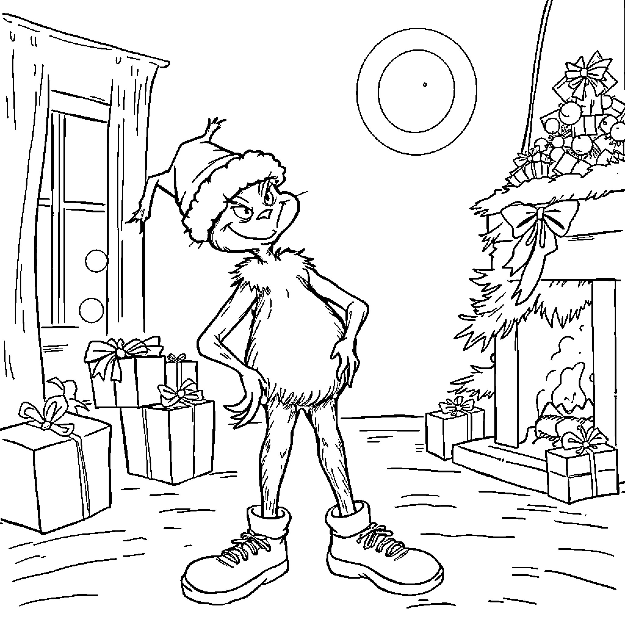 Grinch scheming in Christmas scene Coloring Page (free black-and-white line drawing printable PDF for all, from beginners to advanced learners, including children, teens, adults, and seniors)