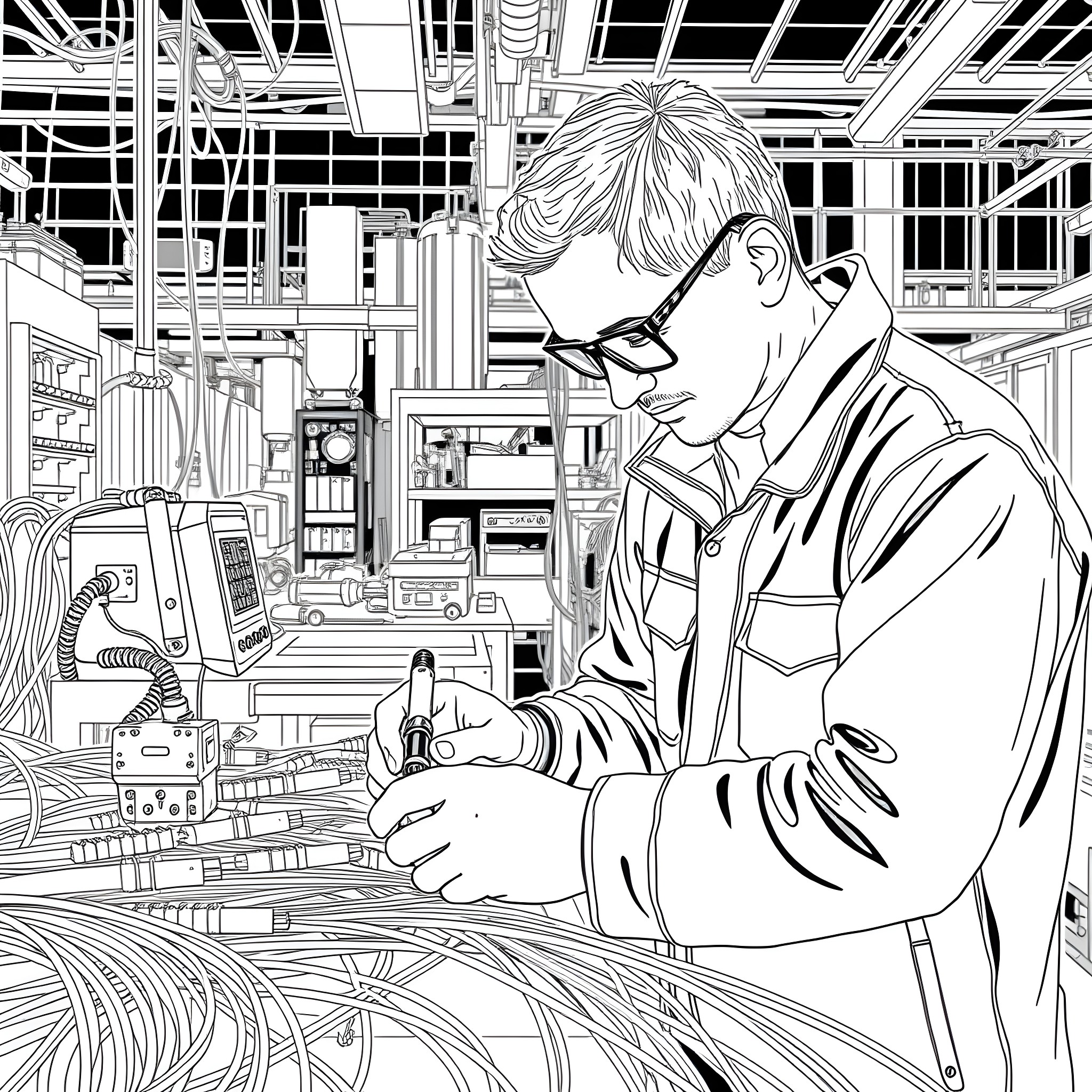 Fiber engineer working diligently in tech lab Coloring Page (free black-and-white line drawing printable PDF for all, from beginners to advanced learners, including children, teens, adults, and seniors)