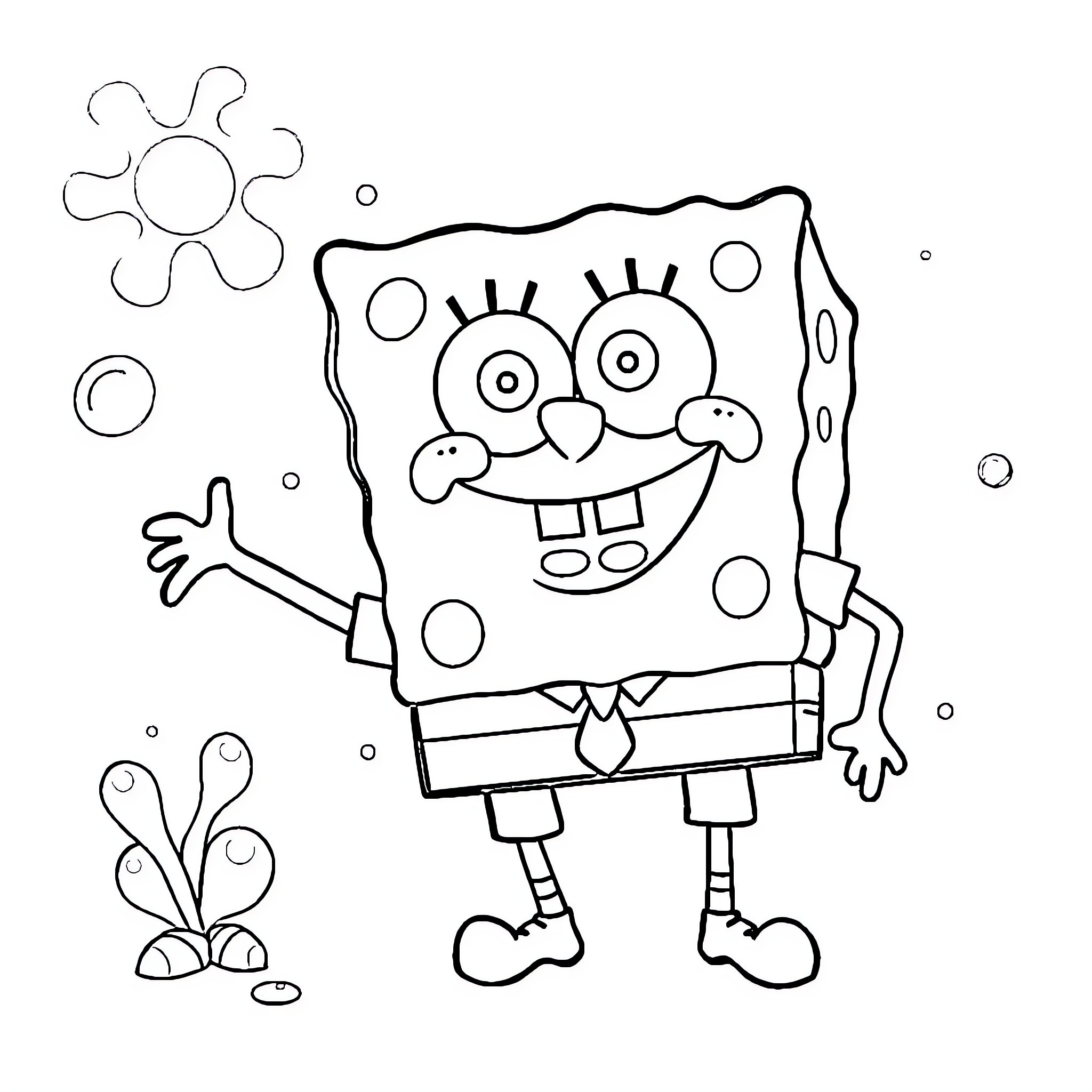 Spongebob's happy and wacky expression Coloring Page (free black-and-white line drawing printable PDF for all, from beginners to advanced learners, including children, teens, adults, and seniors)