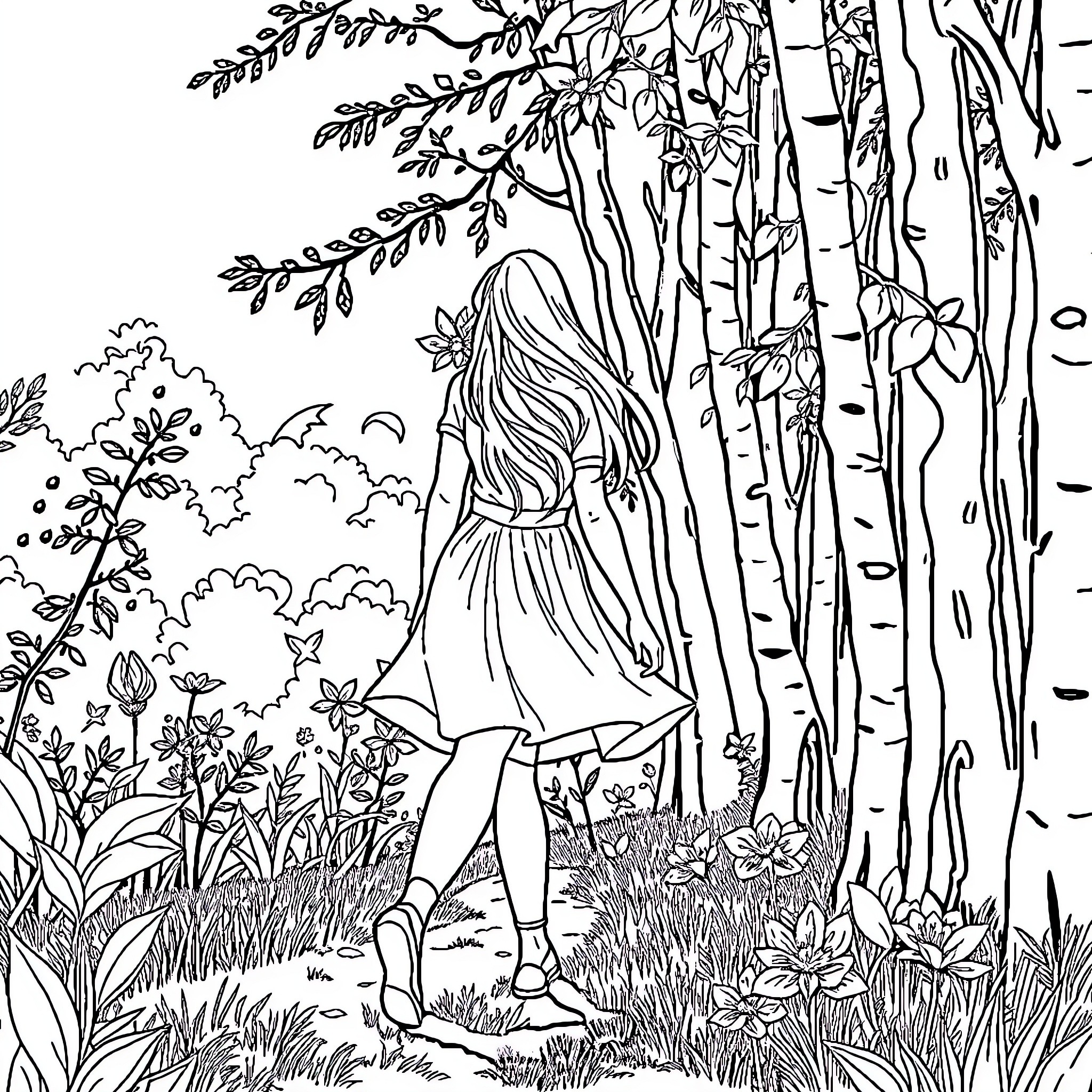 Dancer in serene forest landscape Coloring Page (free black-and-white line drawing printable PDF for all, from beginners to advanced learners, including children, teens, adults, and seniors)