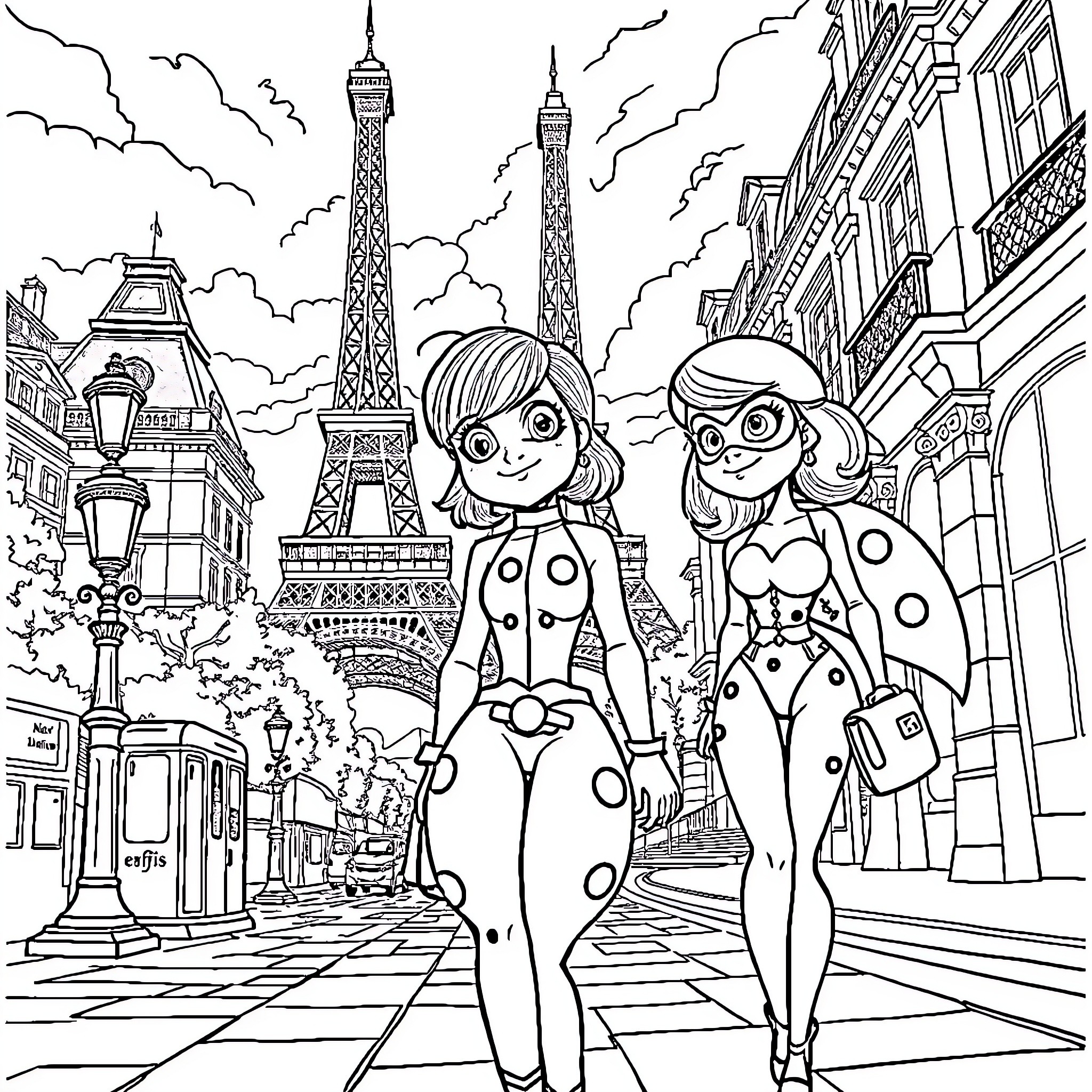 Ladybug friends explore the charming streets of Paris Coloring Page (free black-and-white line drawing printable PDF for all, from beginners to advanced learners, including children, teens, adults, and seniors)