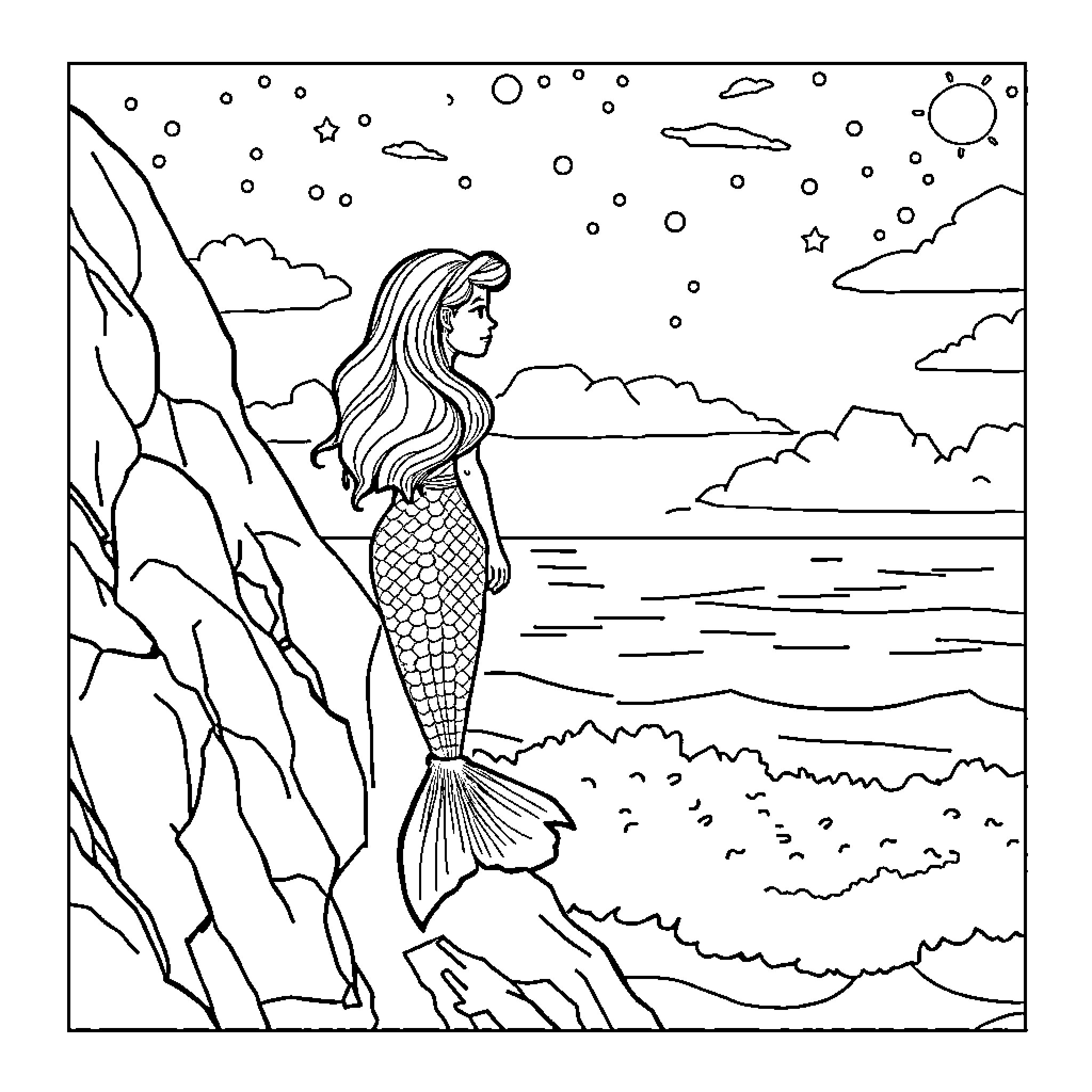 Siren by the Starry Seascape Coloring Page (free black-and-white line drawing printable PDF for all, from beginners to advanced learners, including children, teens, adults, and seniors)