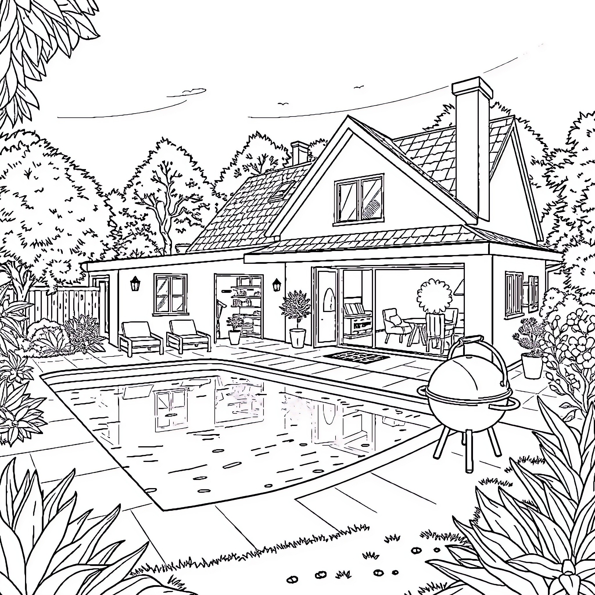 House with Outdoor Pool and Patio Furniture Coloring Page (free black-and-white line drawing printable PDF for all, from beginners to advanced learners, including children, teens, adults, and seniors)