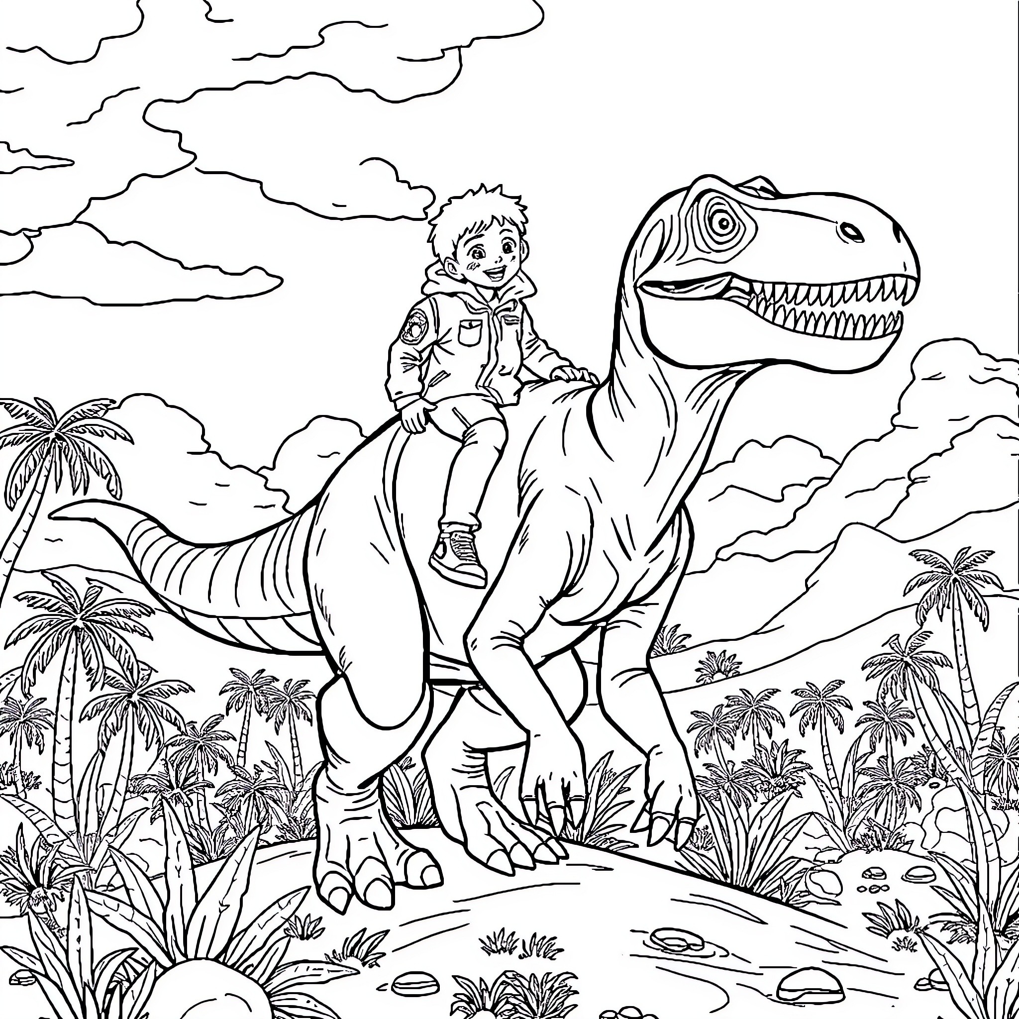 Child riding a dinosaur in a prehistoric landscape Coloring Page (free black-and-white line drawing printable PDF for all, from beginners to advanced learners, including children, teens, adults, and seniors)