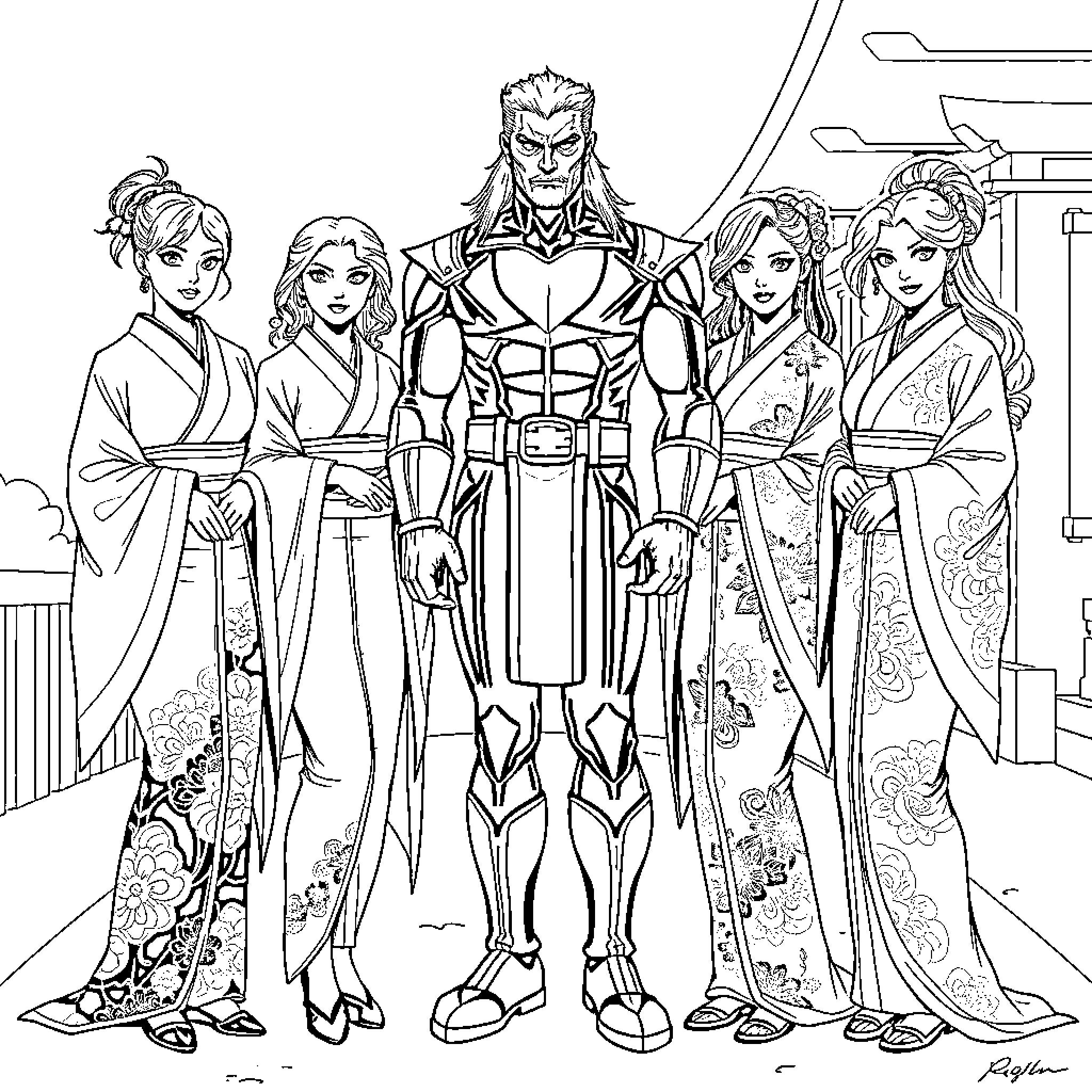 Gambit and his Entourage in Traditional Attire Coloring Page (free black-and-white line drawing printable PDF for all, from beginners to advanced learners, including children, teens, adults, and seniors)