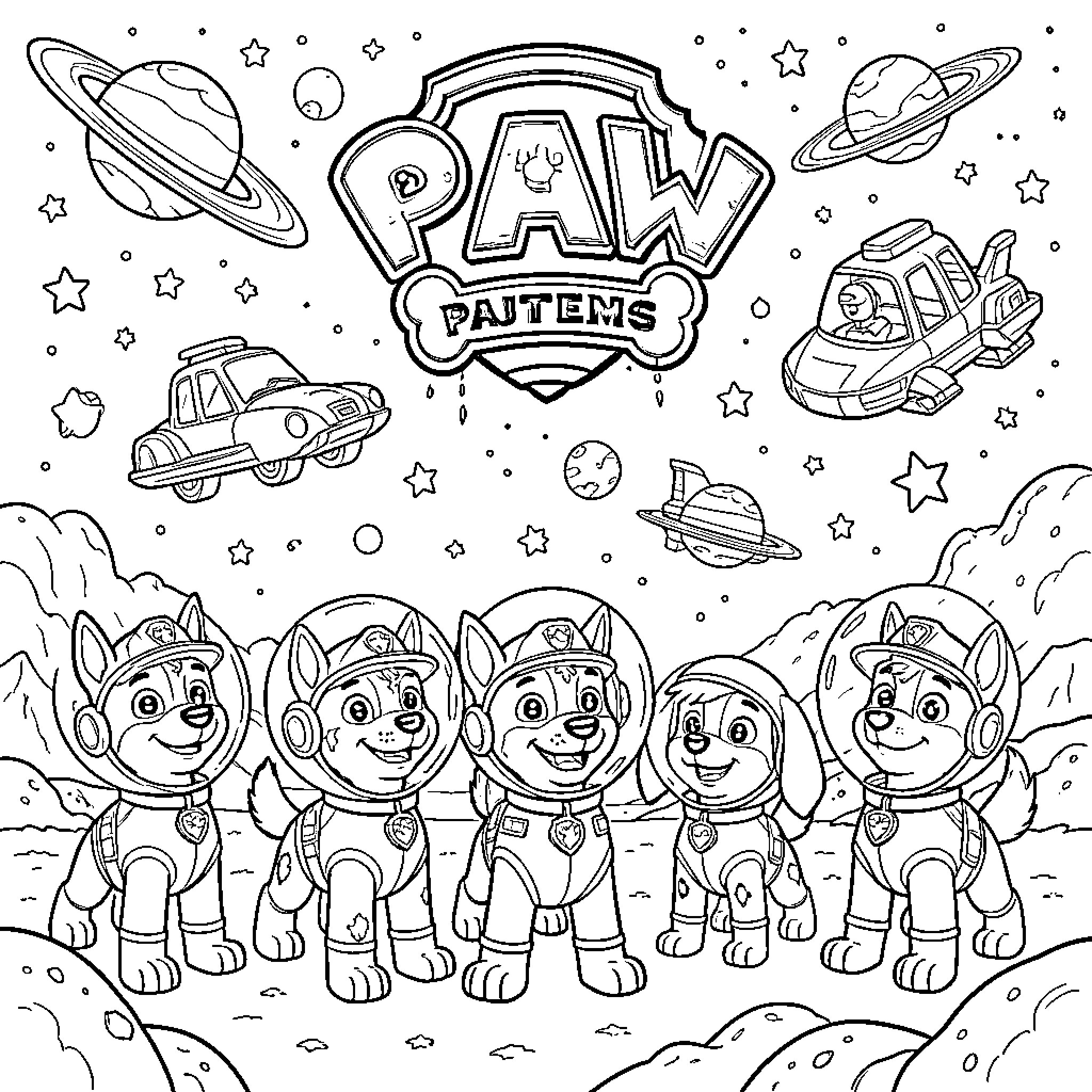 Paw Patrol pups wearing space suits in outer space Coloring Page (free black-and-white line drawing printable PDF for all, from beginners to advanced learners, including children, teens, adults, and seniors)