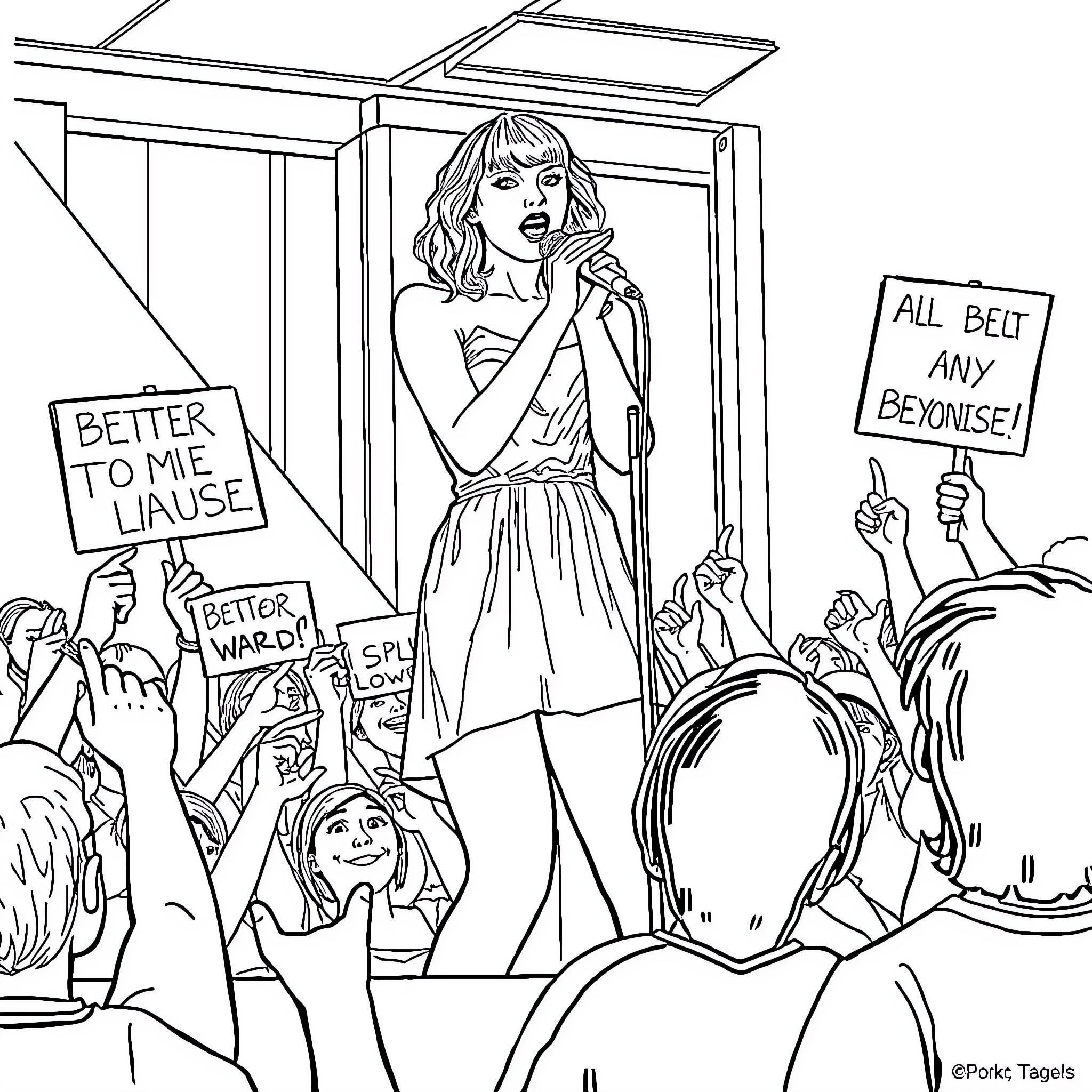 Taylor Swift performing on stage with fans Coloring Page (free black-and-white line drawing printable PDF for all, from beginners to advanced learners, including children, teens, adults, and seniors)
