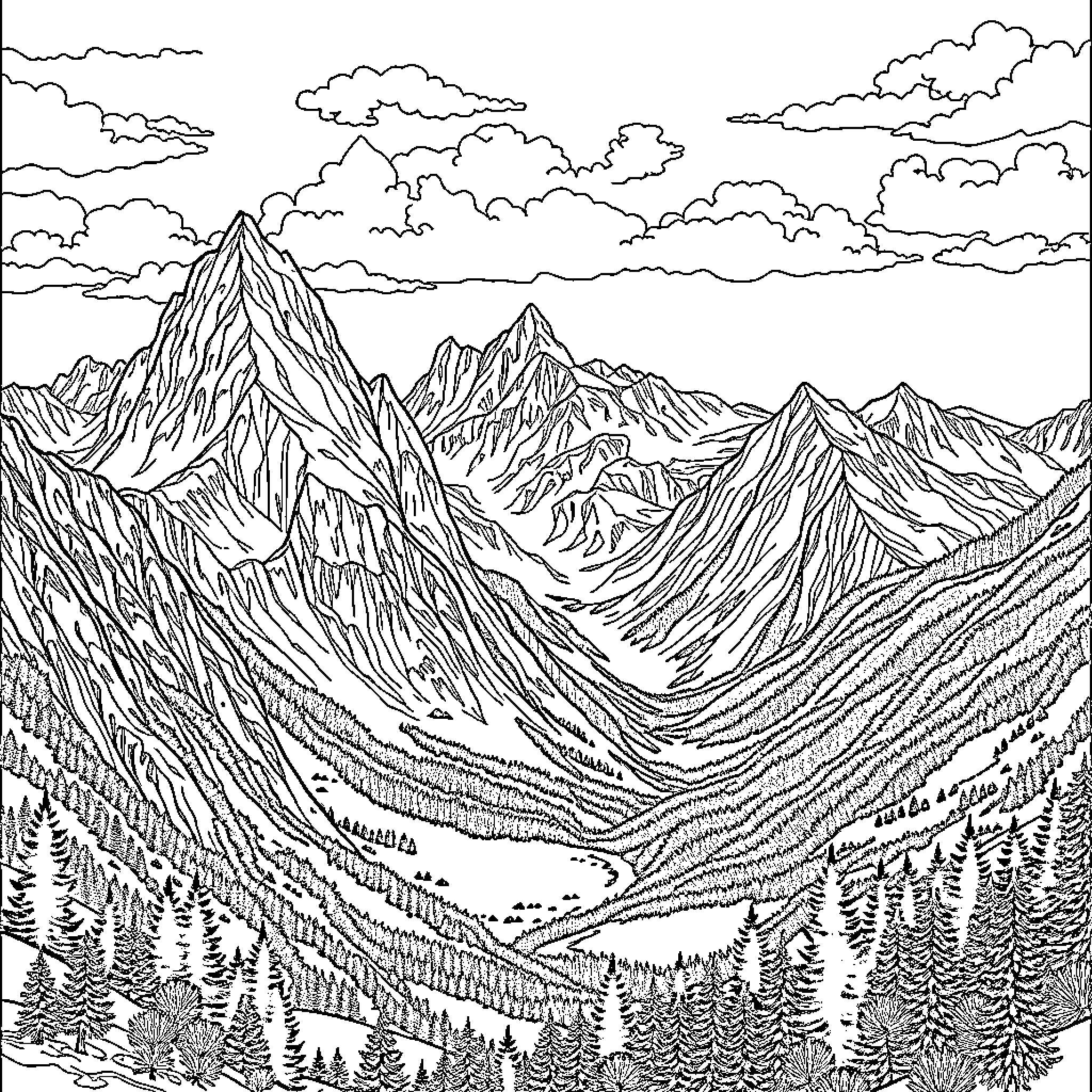 Mountain landscape with rugged peaks and cloudy sky Coloring Page (free black-and-white line drawing printable PDF for all, from beginners to advanced learners, including children, teens, adults, and seniors)