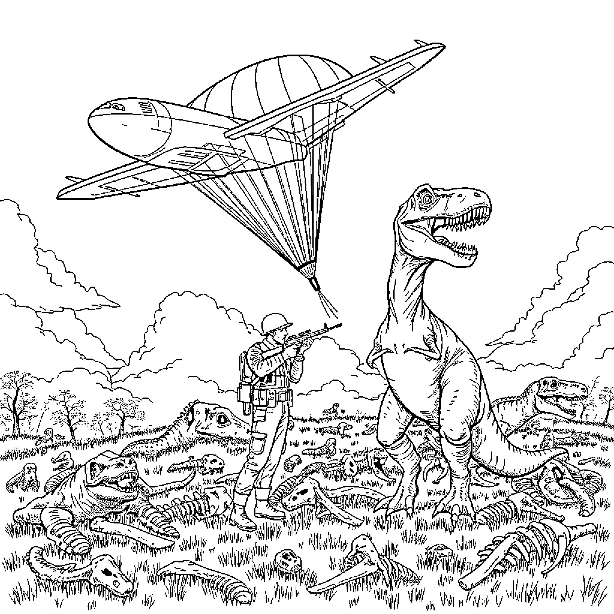 T-Rex Parachute Adventure with Dinosaur Fossils Coloring Page (free black-and-white line drawing printable PDF for all, from beginners to advanced learners, including children, teens, adults, and seniors)