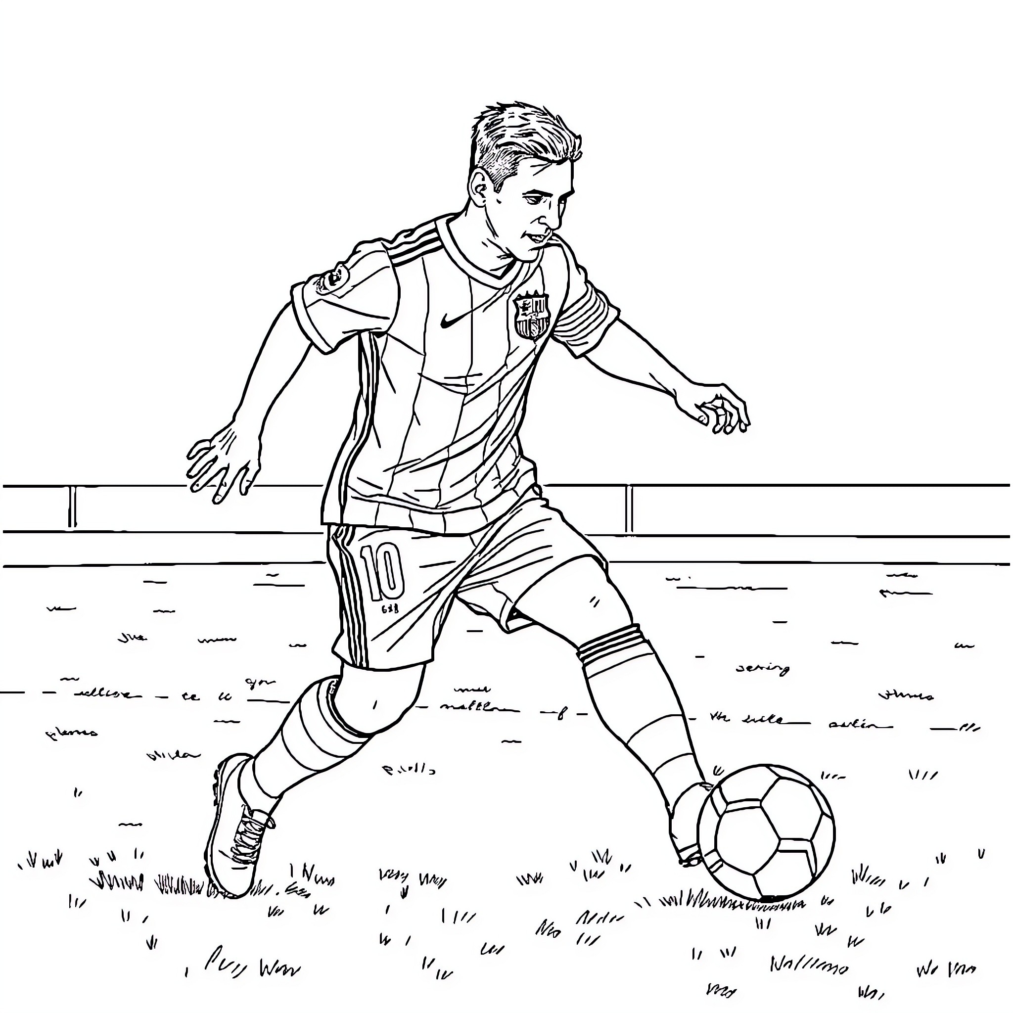 Messi dribbling with the ball on the field Coloring Page (free black-and-white line drawing printable PDF for all, from beginners to advanced learners, including children, teens, adults, and seniors)