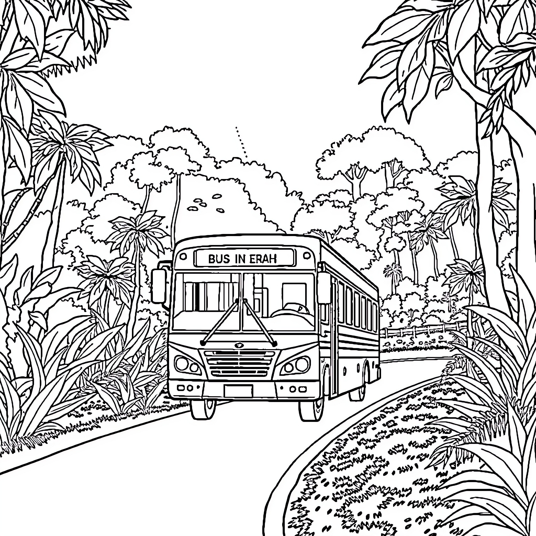 Bus Traveling Through Lush Tropical Landscape Coloring Page (free black-and-white line drawing printable PDF for all, from beginners to advanced learners, including children, teens, adults, and seniors)