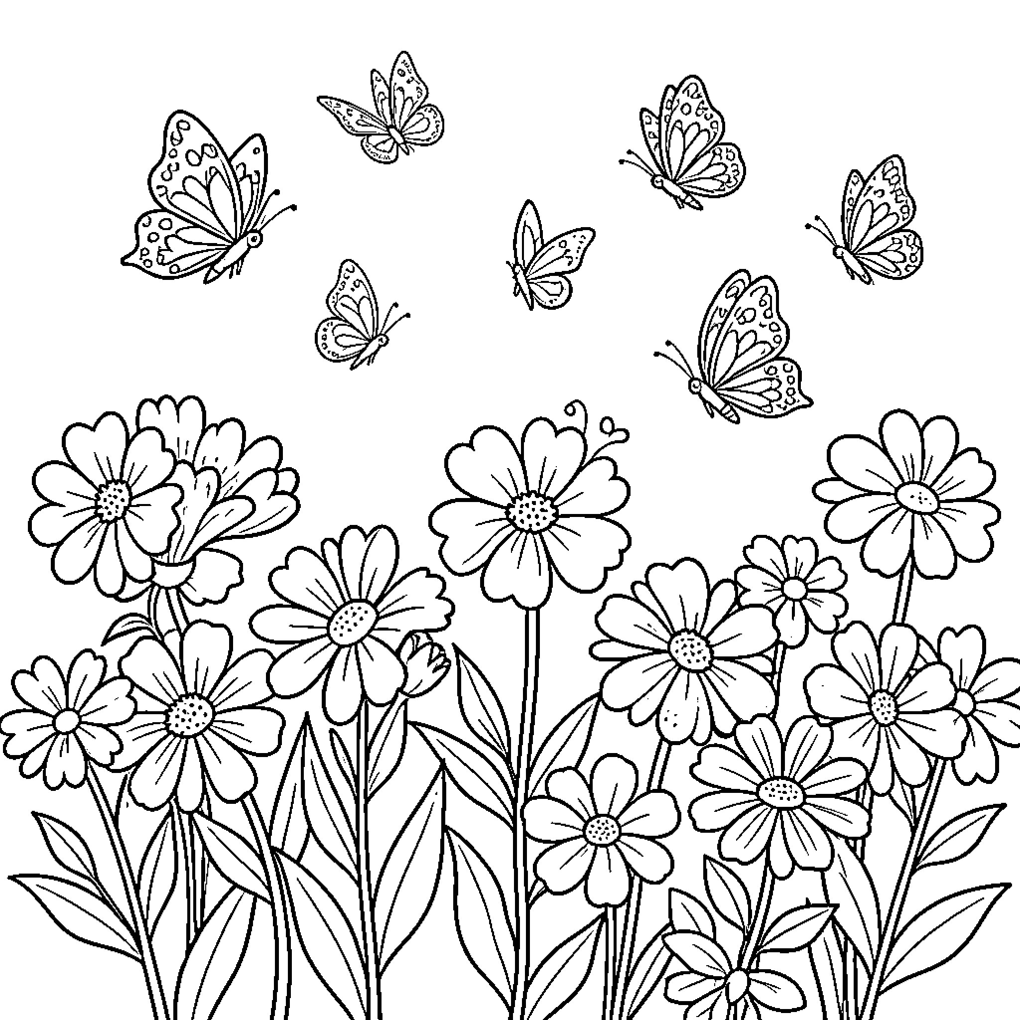 Butterfly flying over a field of flowers Coloring Page (free black-and-white line drawing printable PDF for all, from beginners to advanced learners, including children, teens, adults, and seniors)