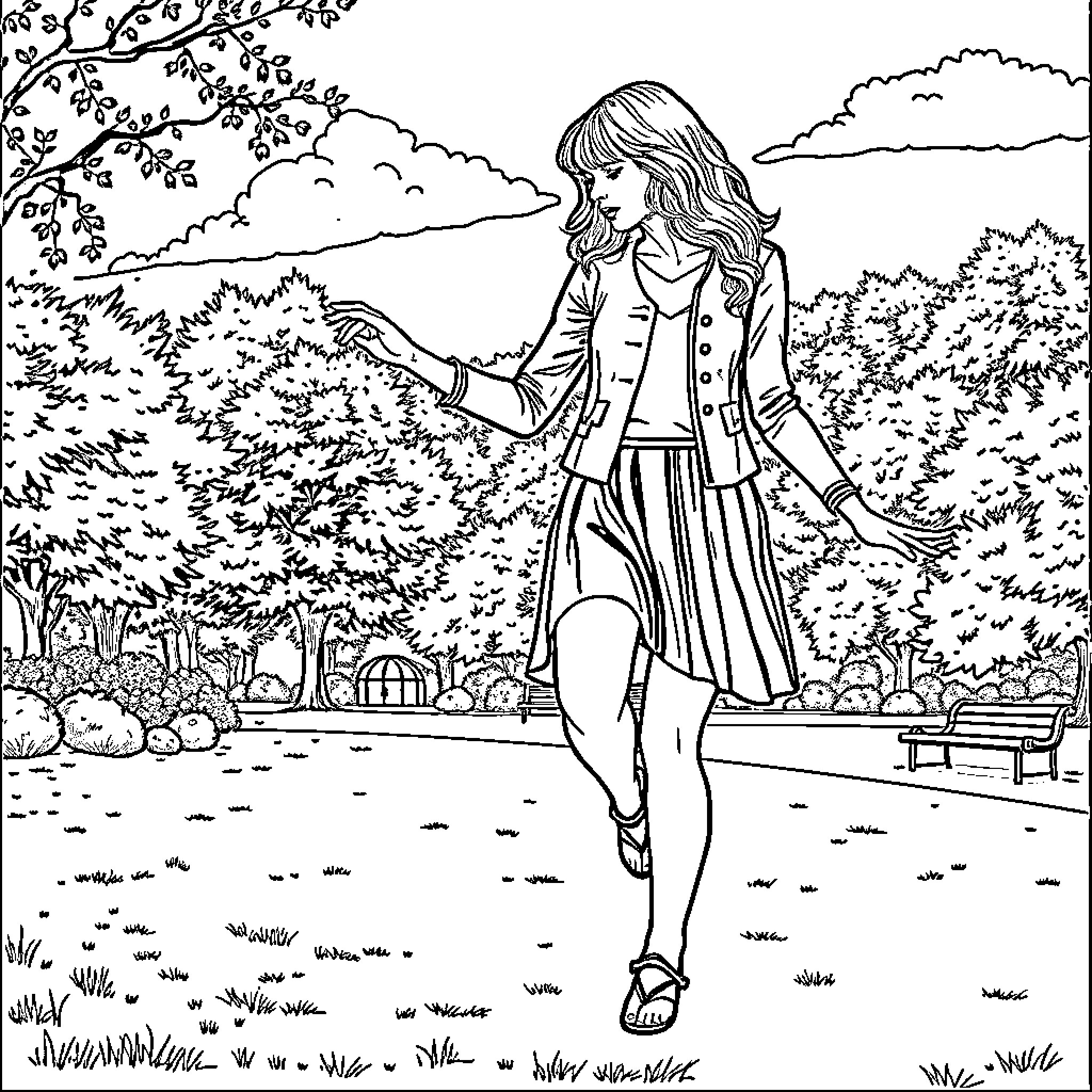 Taylor Swift strolling through nature's serene landscape Coloring Page (free black-and-white line drawing printable PDF for all, from beginners to advanced learners, including children, teens, adults, and seniors)