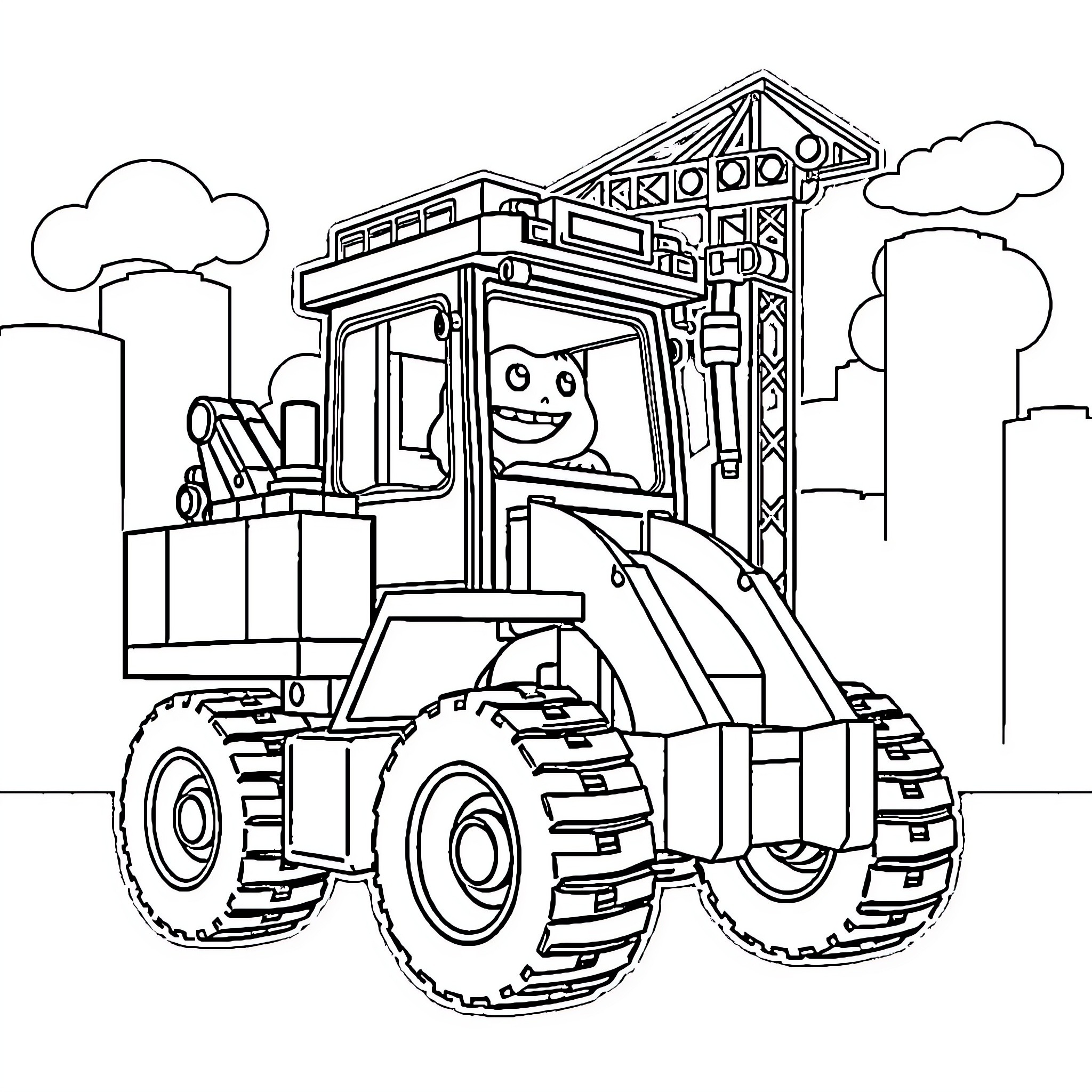 Lego Construction Vehicle Smiling Operator on the Job Coloring Page (free black-and-white line drawing printable PDF for all, from beginners to advanced learners, including children, teens, adults, and seniors)