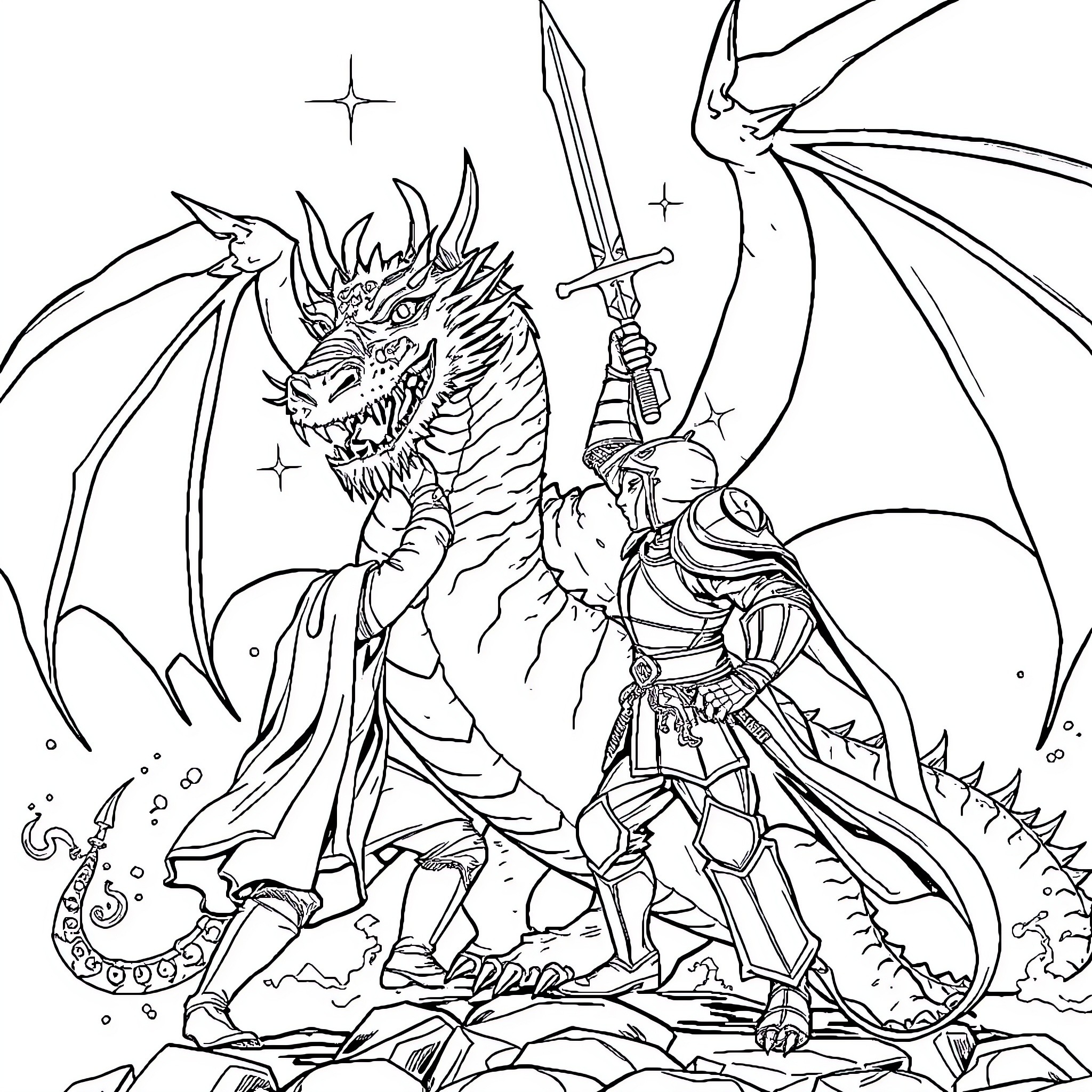 Dragon warrior battling a fearsome dragon Coloring Page (free black-and-white line drawing printable PDF for all, from beginners to advanced learners, including children, teens, adults, and seniors)