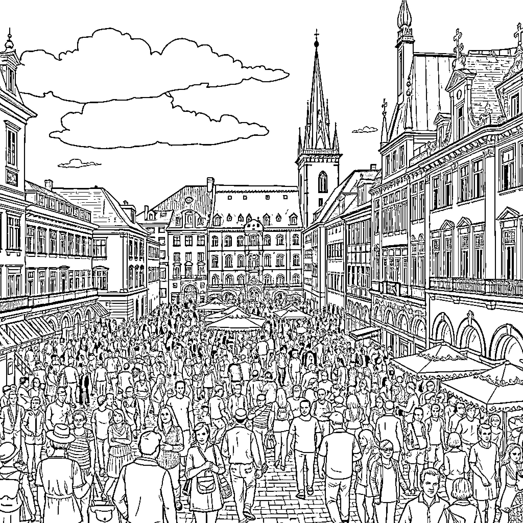City with Busy Marketplace and Crowd of People Coloring Page (free black-and-white line drawing printable PDF for all, from beginners to advanced learners, including children, teens, adults, and seniors)