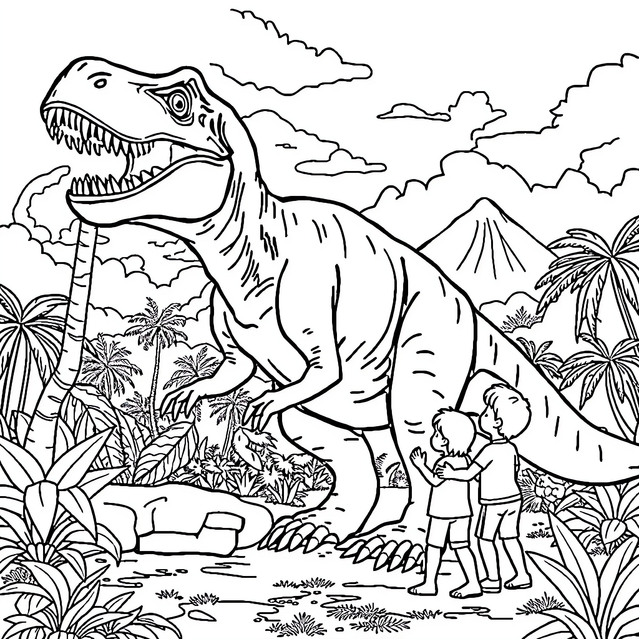 Dinosaur roaming prehistoric landscape with children Coloring Page (free black-and-white line drawing printable PDF for all, from beginners to advanced learners, including children, teens, adults, and seniors)