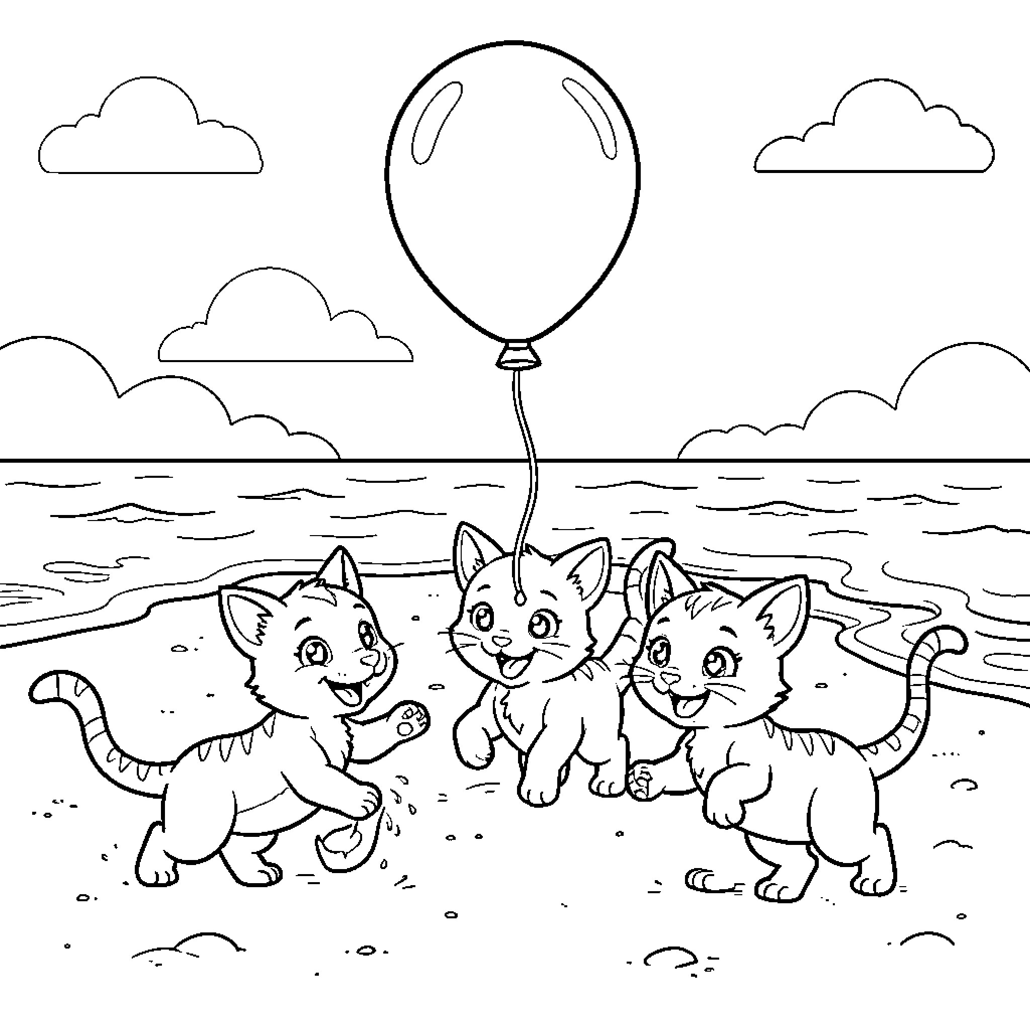 Dino-Kitten kittens playing with a balloon on the beach Coloring Page (free black-and-white line drawing printable PDF for all, from beginners to advanced learners, including children, teens, adults, and seniors)