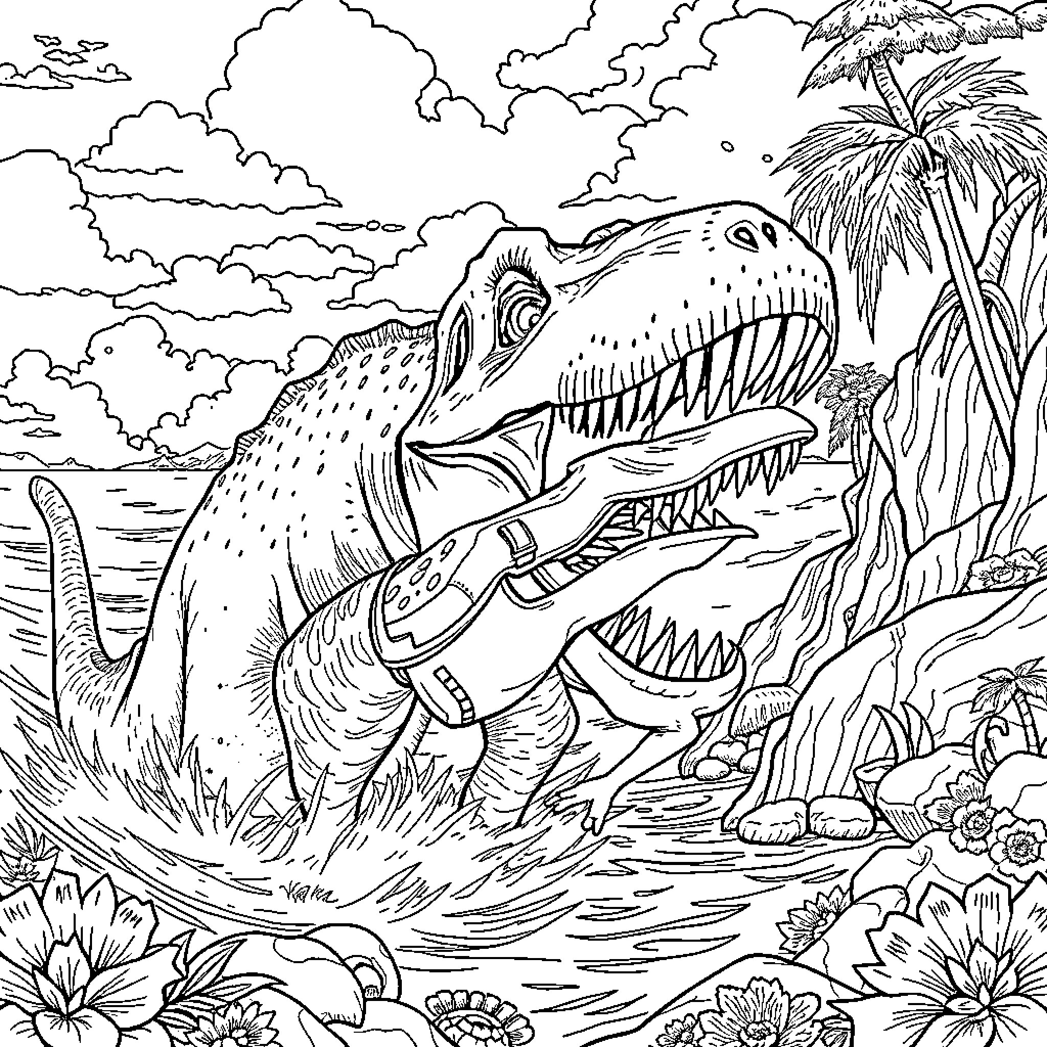 Mosasaur hunting in prehistoric coastal scene Coloring Page (free black-and-white line drawing printable PDF for all, from beginners to advanced learners, including children, teens, adults, and seniors)