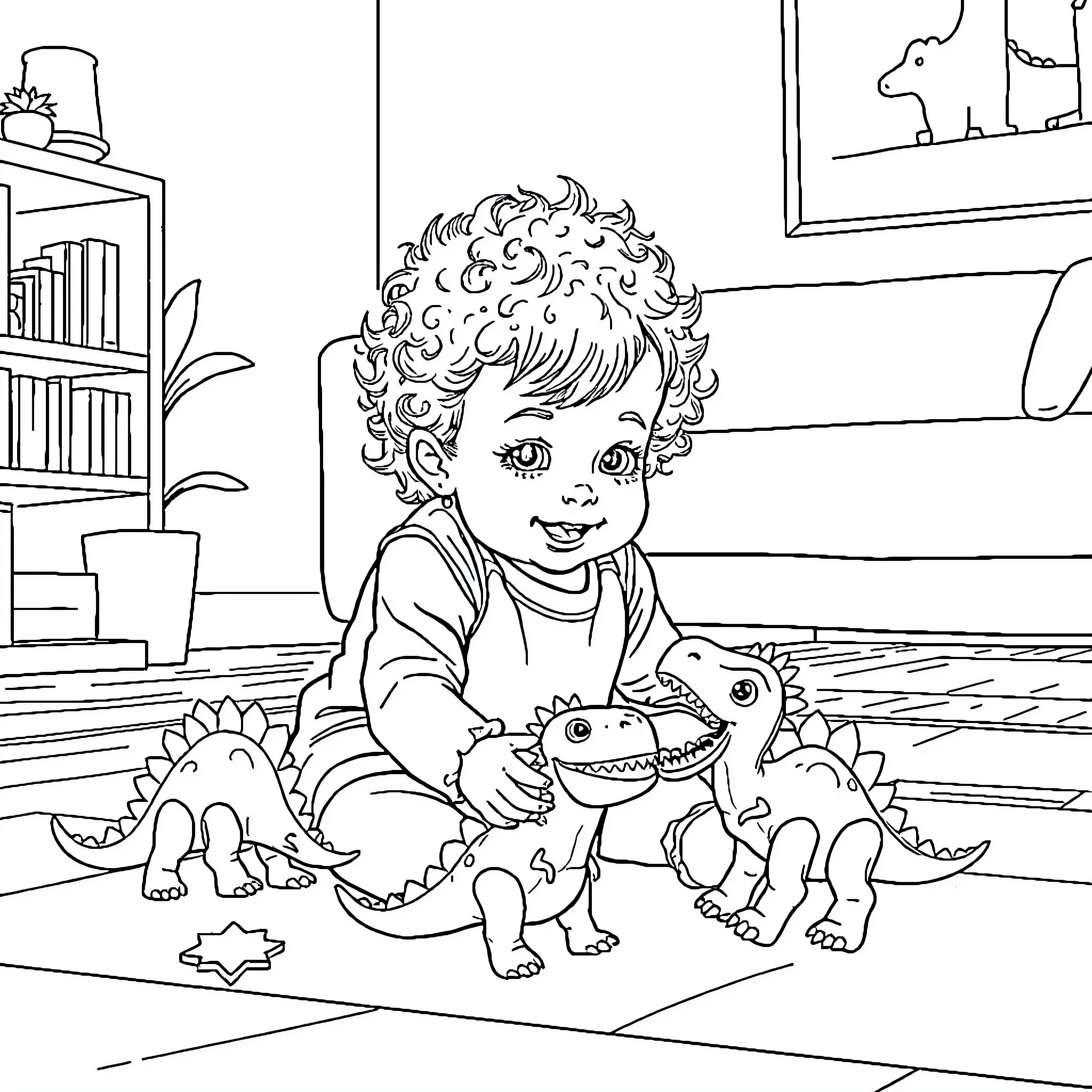 Dinosaur-themed playtime with a child Coloring Page (free black-and-white line drawing printable PDF for all, from beginners to advanced learners, including children, teens, adults, and seniors)