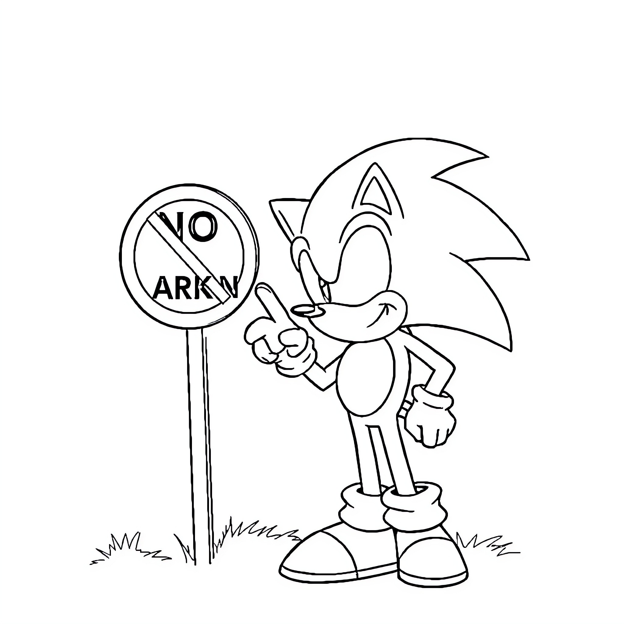 Sonic questioning a 'No Ark' sign Coloring Page (free black-and-white line drawing printable PDF for all, from beginners to advanced learners, including children, teens, adults, and seniors)