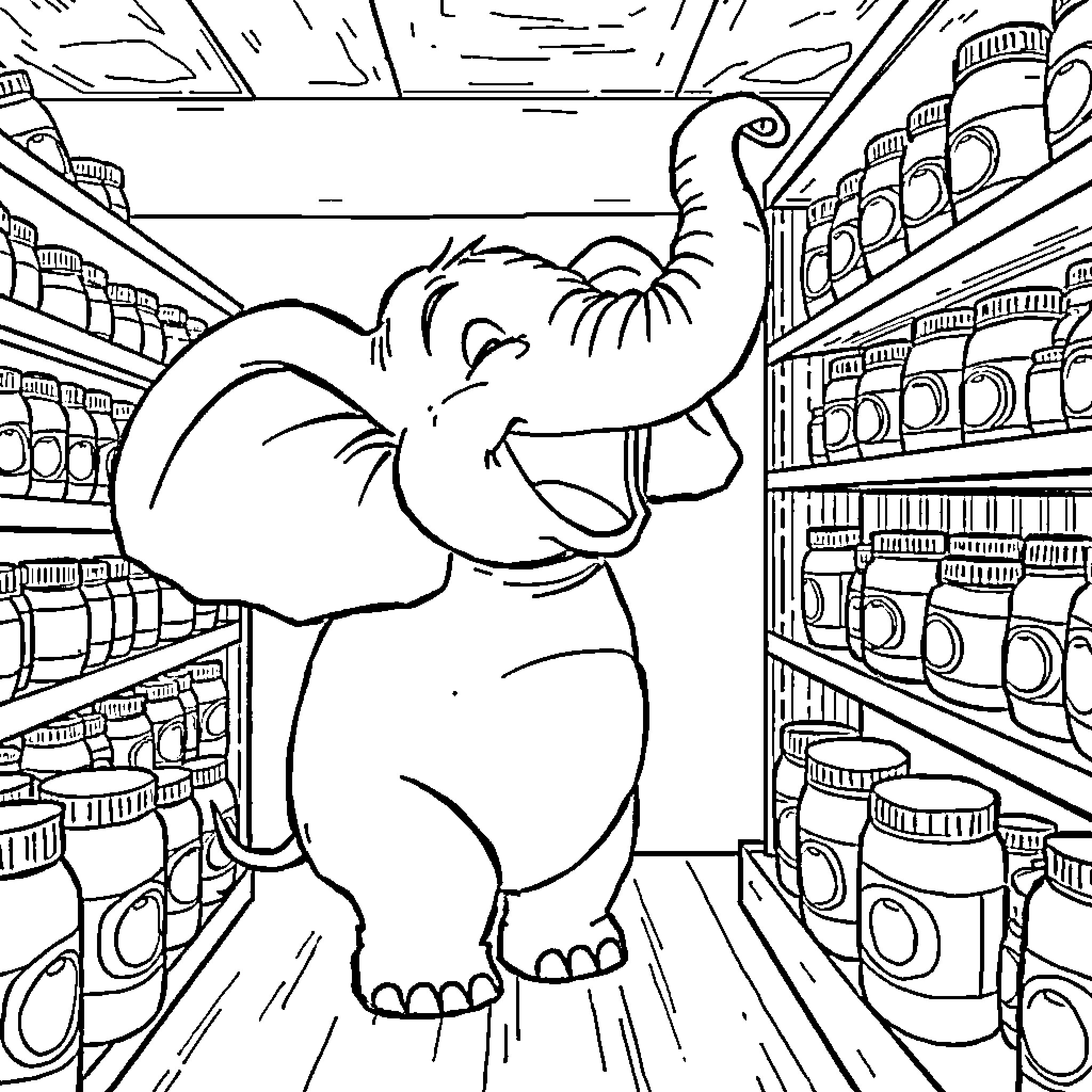Elephant exploring a supermarket aisle Coloring Page (free black-and-white line drawing printable PDF for all, from beginners to advanced learners, including children, teens, adults, and seniors)