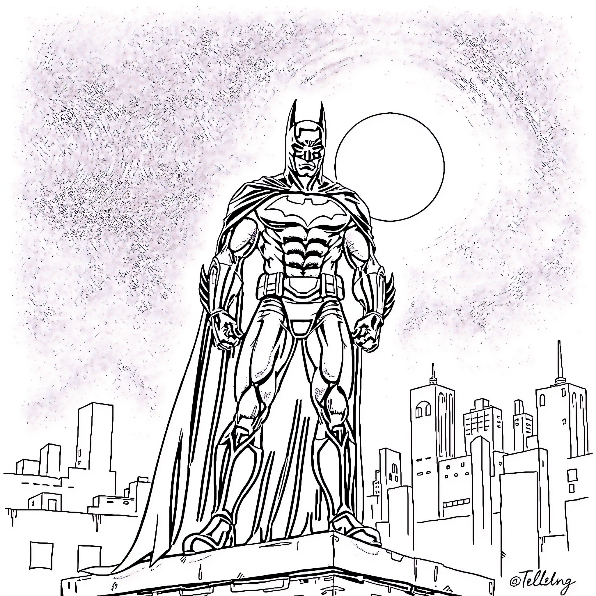 Knight hero standing tall in the city Coloring Page (free black-and-white line drawing printable PDF for all, from beginners to advanced learners, including children, teens, adults, and seniors)