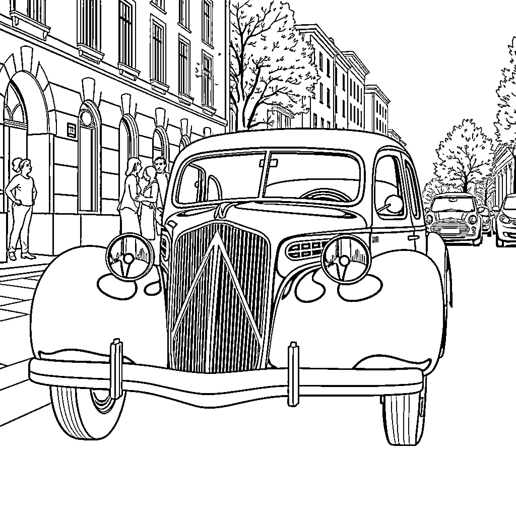 Citroen vintage car on urban street Coloring Page (free black-and-white line drawing printable PDF for all, from beginners to advanced learners, including children, teens, adults, and seniors)