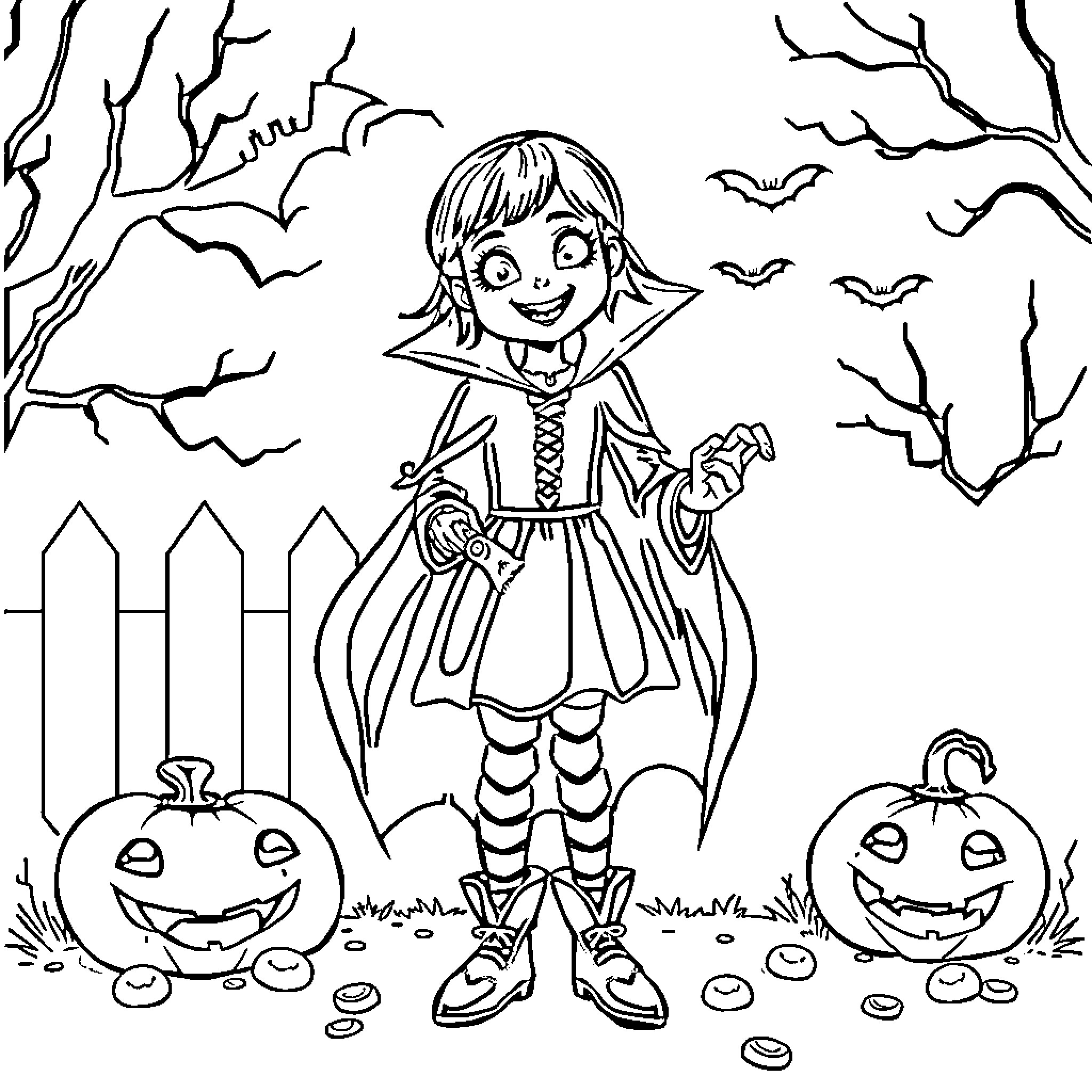 Vampire girl in spooky Halloween scene Coloring Page (free black-and-white line drawing printable PDF for all, from beginners to advanced learners, including children, teens, adults, and seniors)