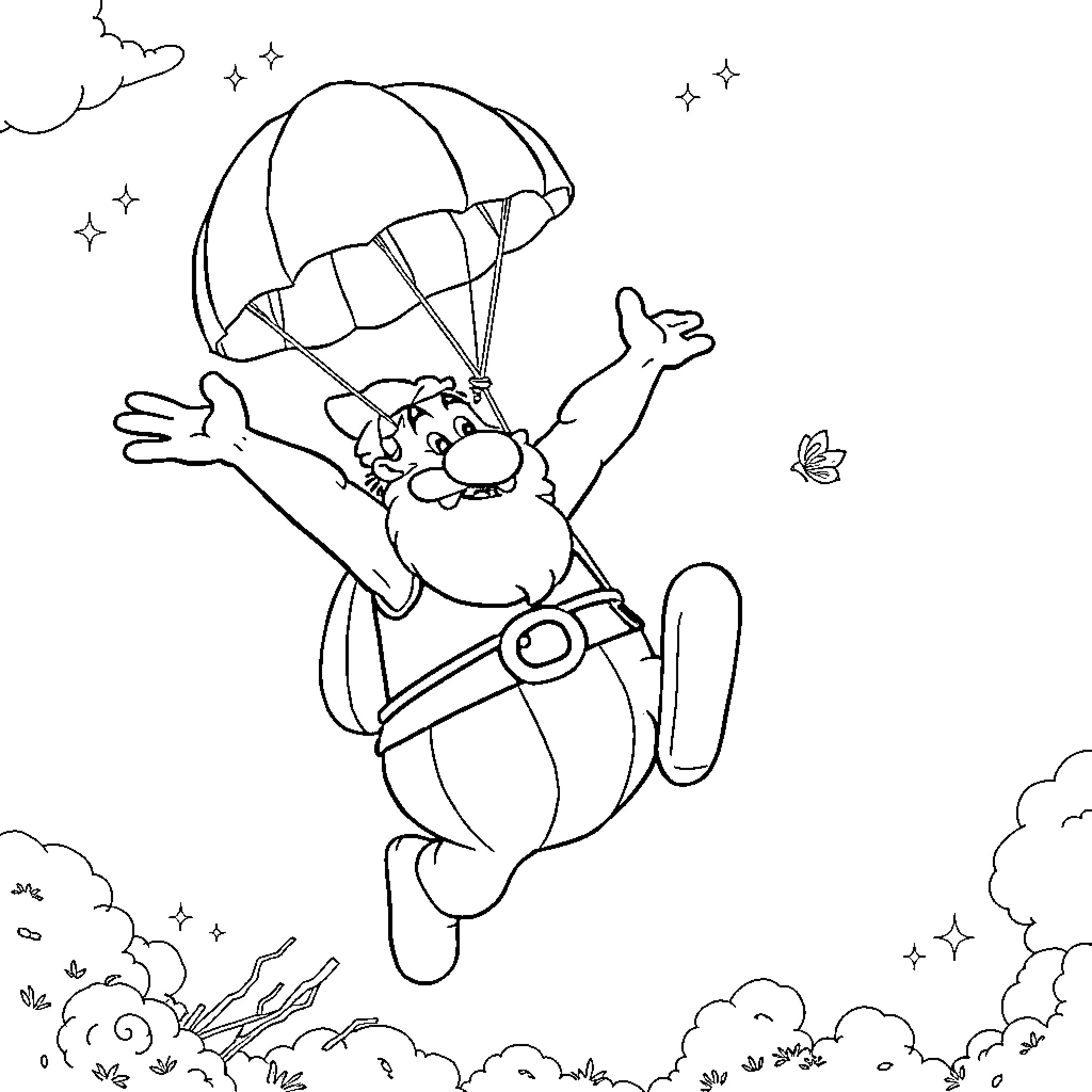 Asterix's Thrilling Parachute Adventure Coloring Page (free black-and-white line drawing printable PDF for all, from beginners to advanced learners, including children, teens, adults, and seniors)